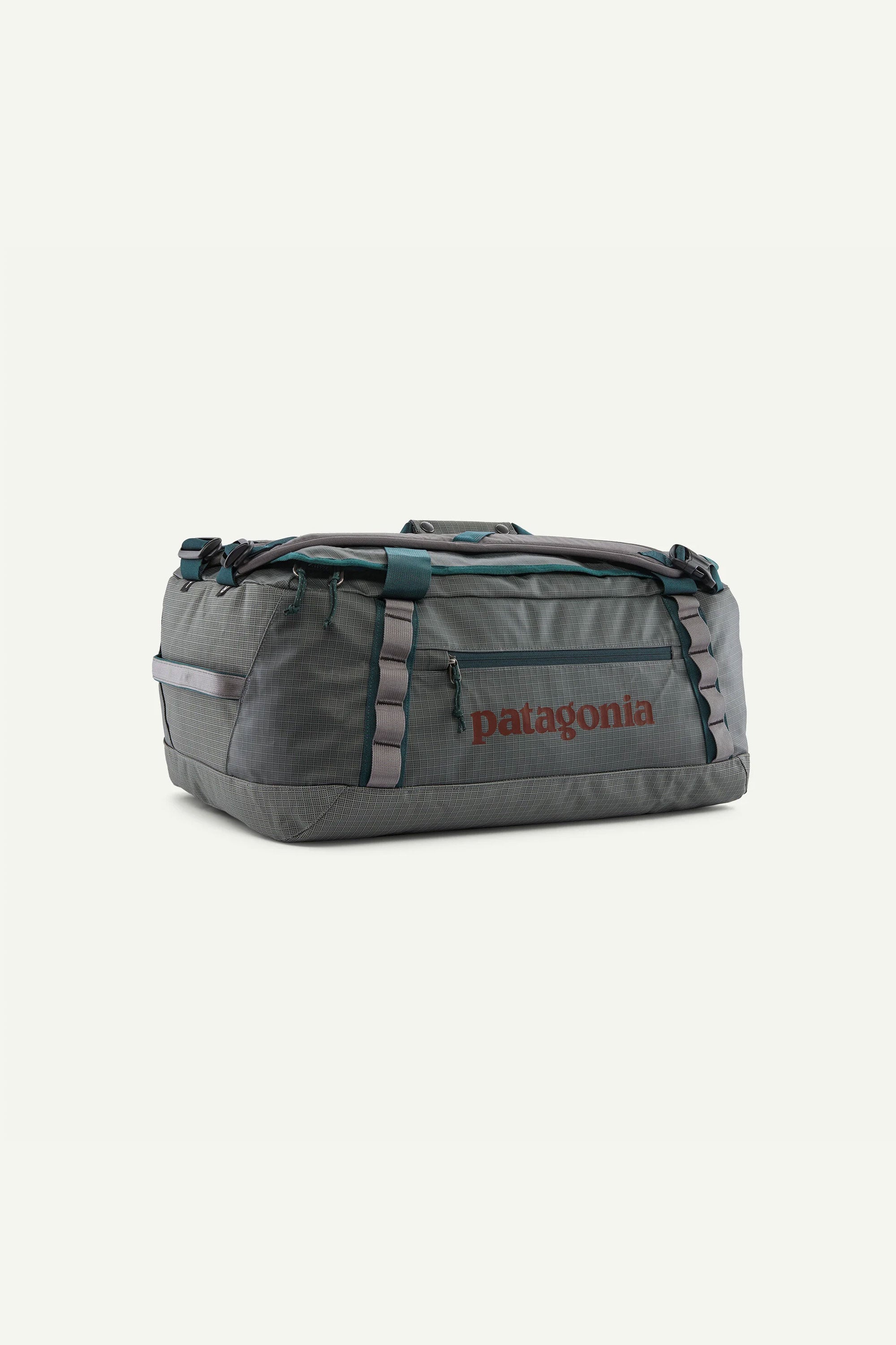hex grey patagonia black hole duffel 90L Worn Wear webbing handles with a snap closure and haul loops at either end for linking multiple bags Patagonia Black Hole Cube Bag