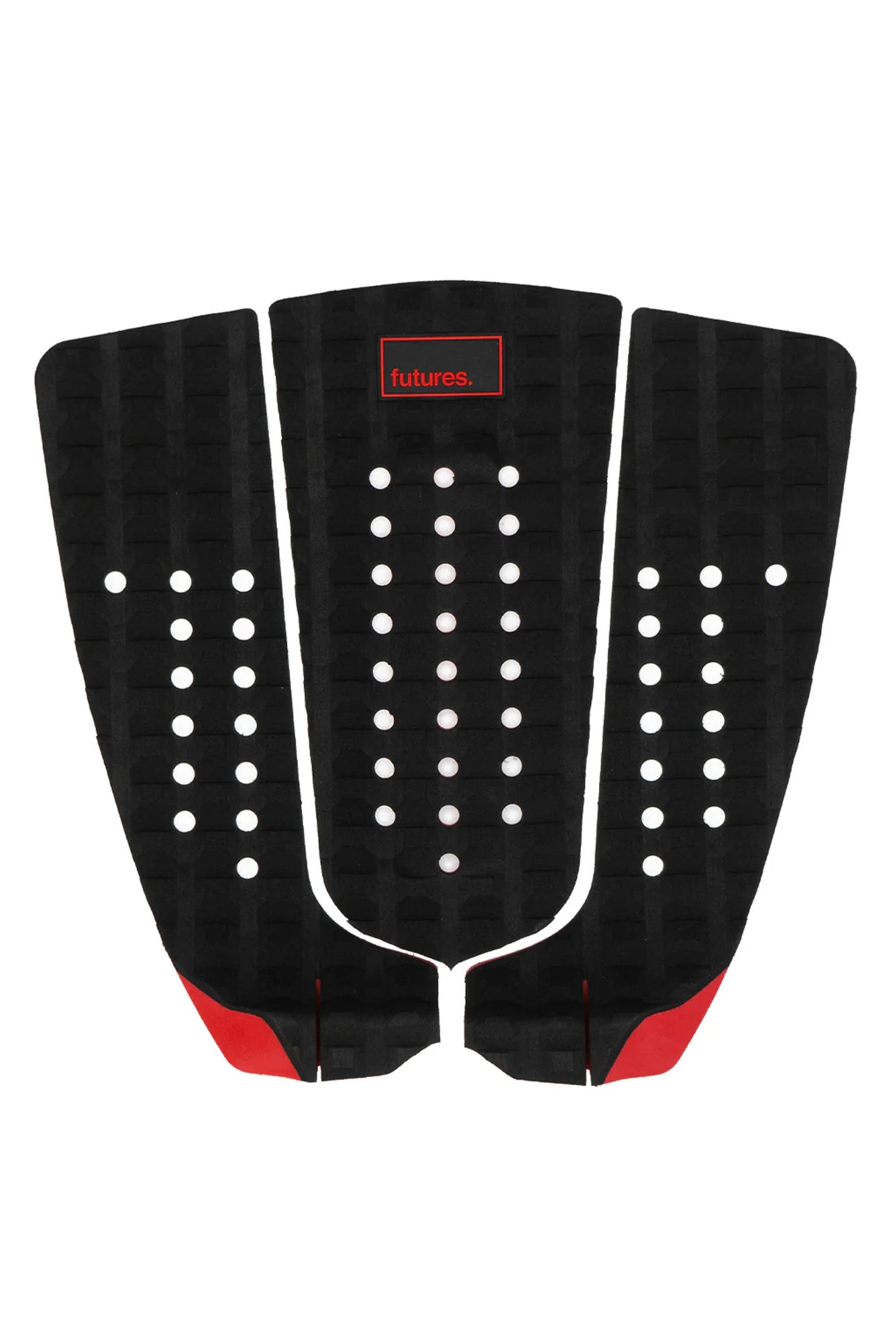 Black and red surfboard tail pad with 'Futures' branding on a white background