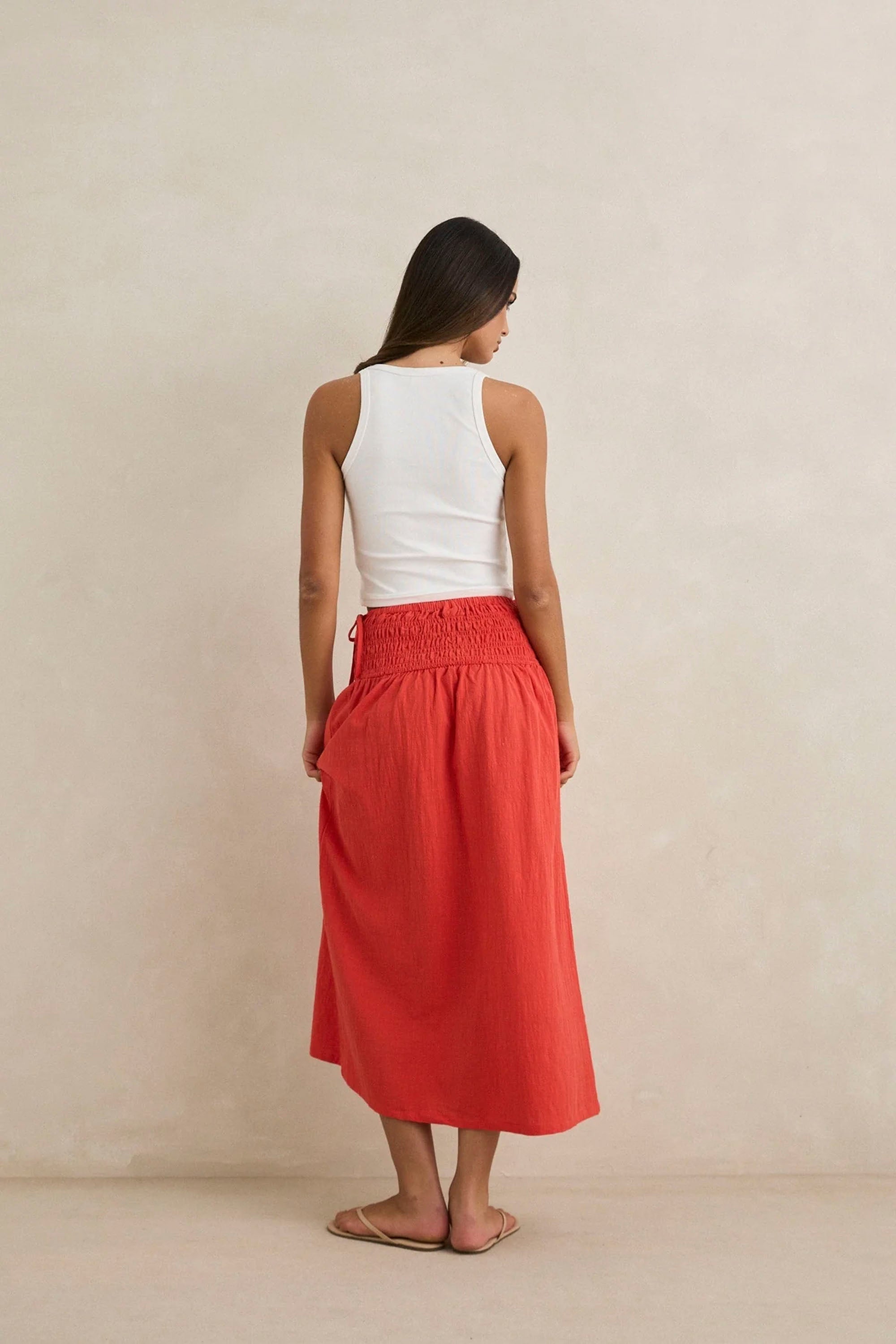 RHYTHM Alana Tie Side Maxi Skirt Red | Shop at PUKAS SURF SHOP