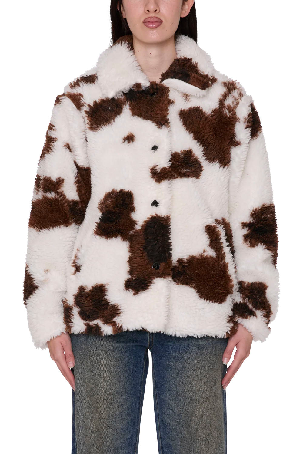 OBEY Nolie Sherpa Short Coat Cow Print | Shop at PUKAS SURF SHOP