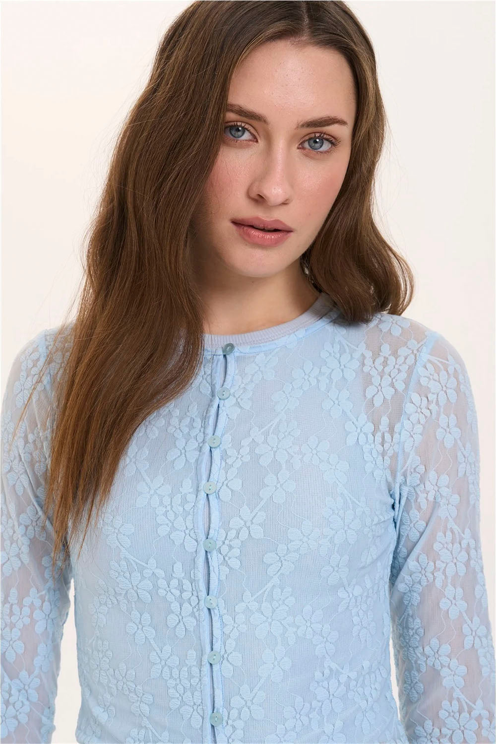 24COLOURS Blue Buttoned Lace Crop Top Long Sleeve | Shop at PUKAS