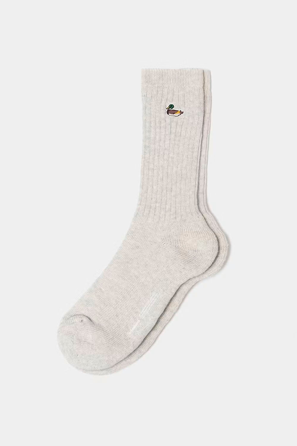 A pair of light heather gray ribbed crew socks with a small embroidered duck logo on the cuff, displayed against a solid light gray background.