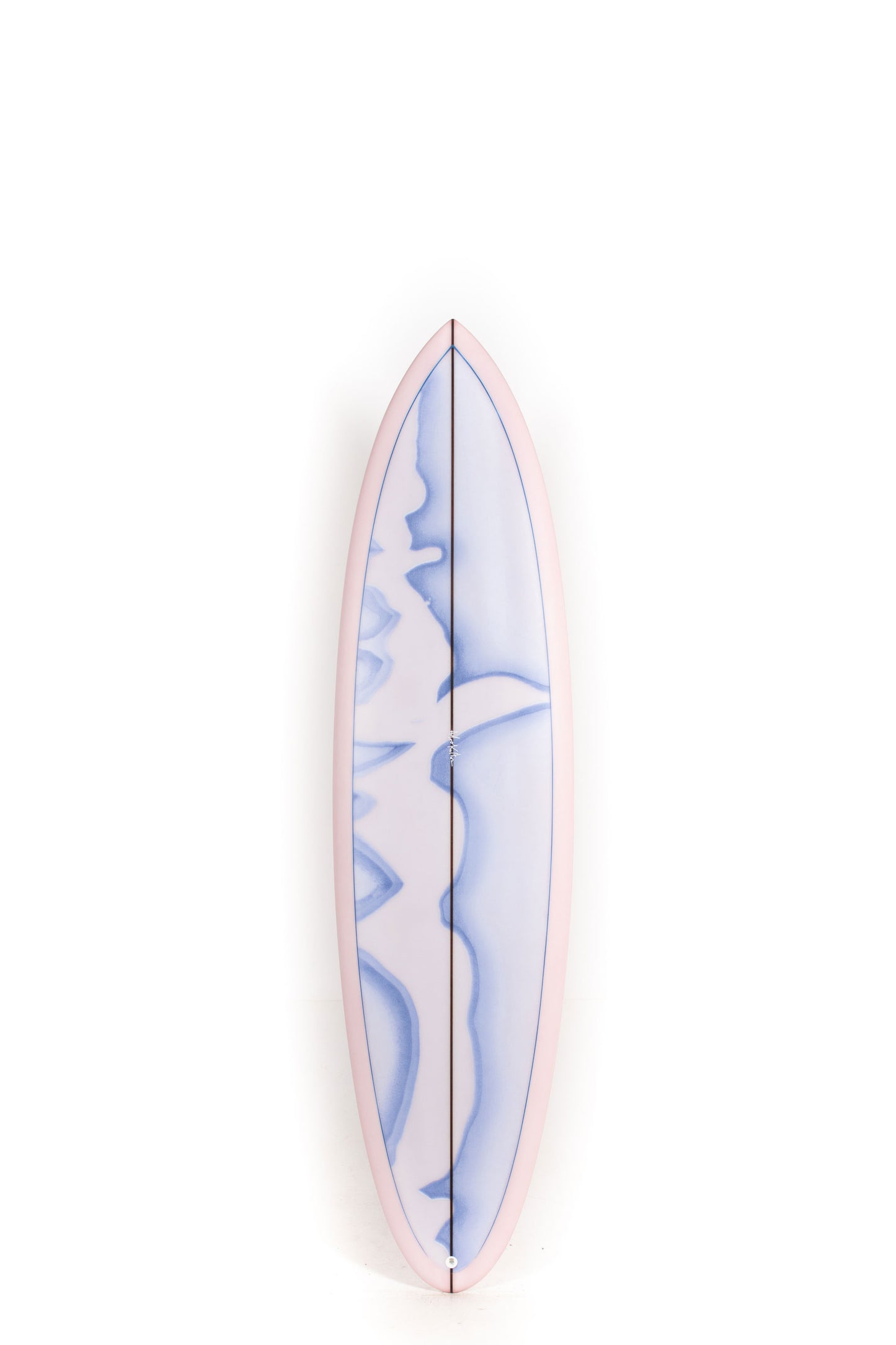Pink and blue Adrokultura Surfboard with a blue and white design on a white background by Pukas Surf Shop