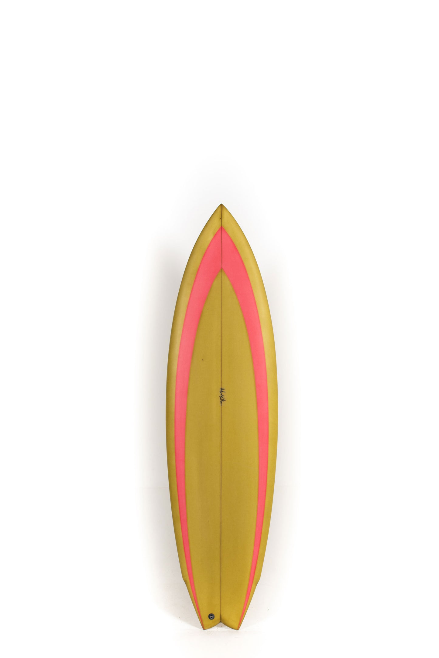 Green and pink Adrokultura surfboard Winged Twin size 6'2" on a white background by Pukas Surf Shop