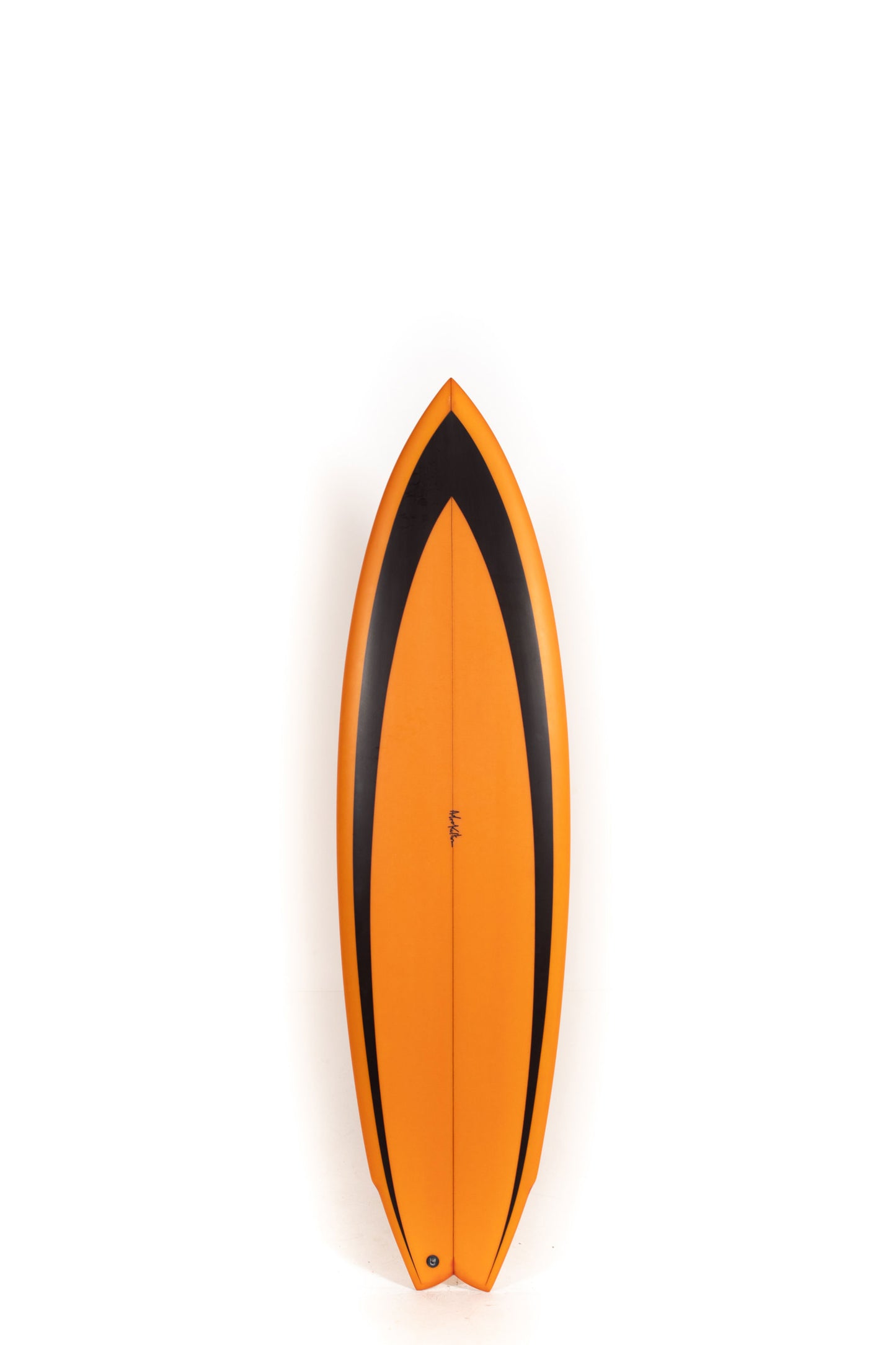 Orange Adrokultura surfboard with a black stripe on a white background by Pukas Surf Shop