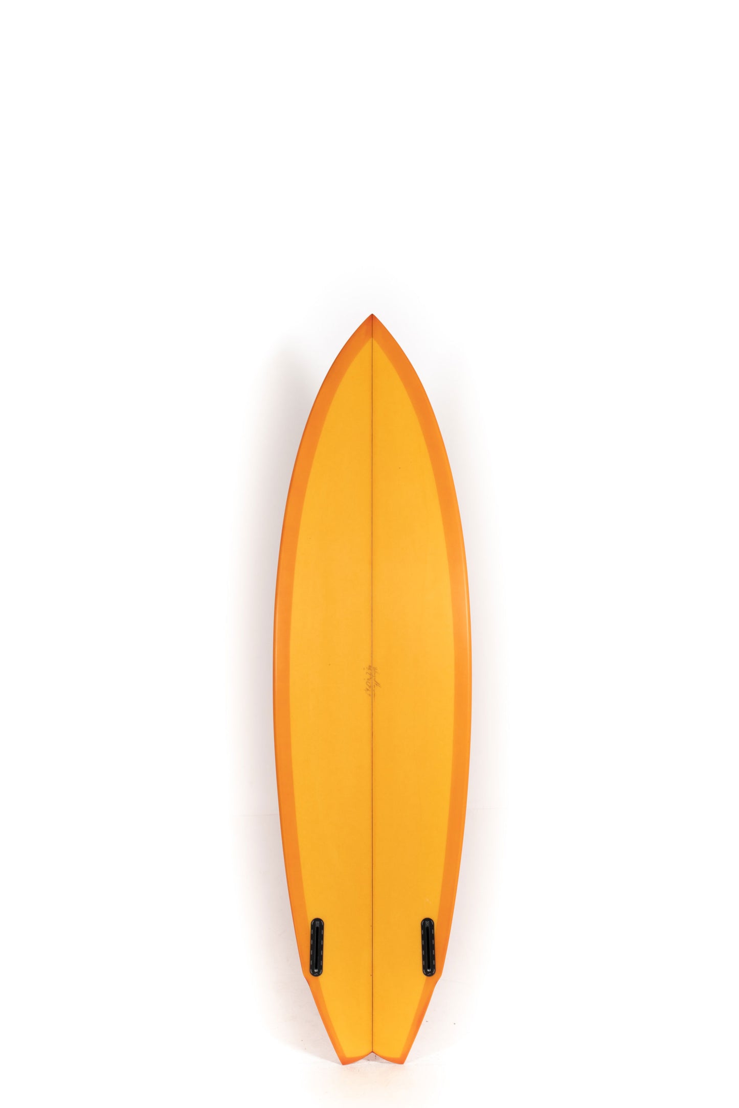 Orange Adrokultura surfboard with a black stripe on a white background by Pukas Surf Shop - 2