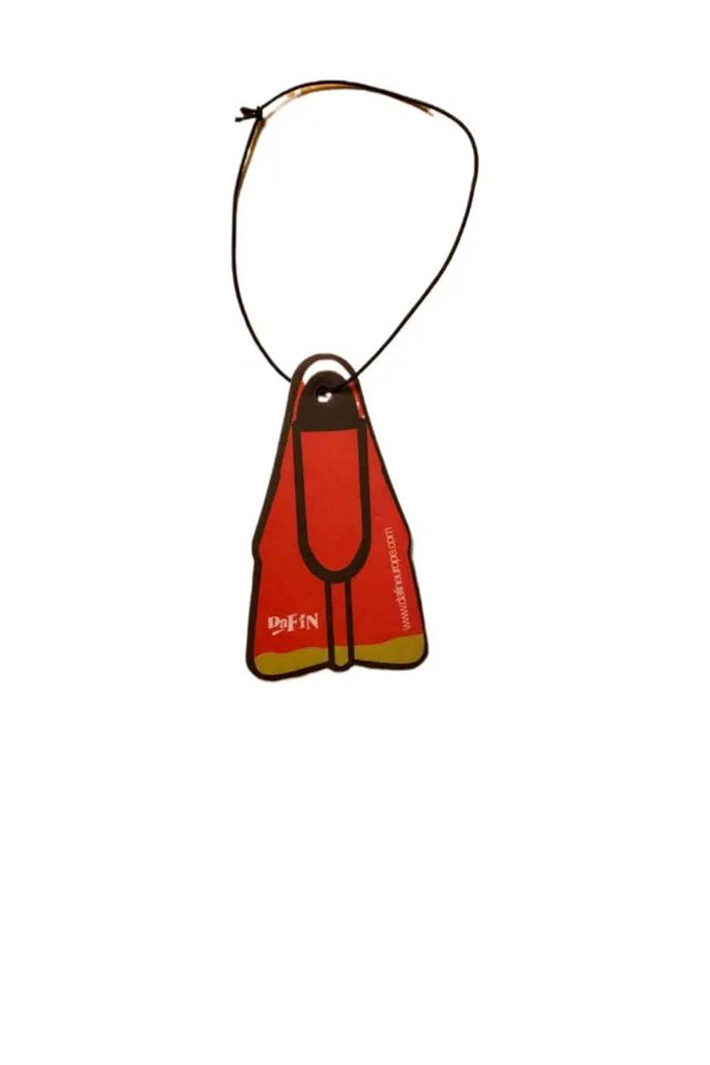 Red and yellow diving fin air freshner on a white background