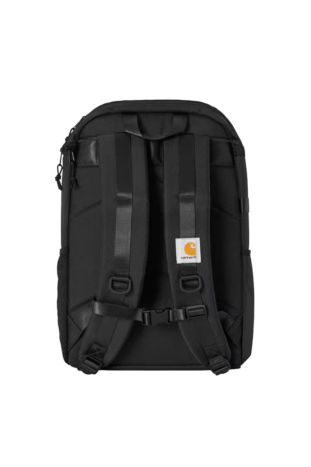 Black backpack with a visible brand logo on a white background