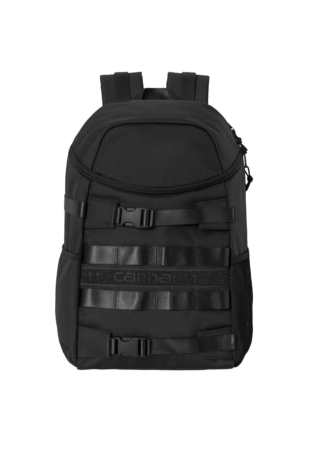Black backpack with visible branding on a white background