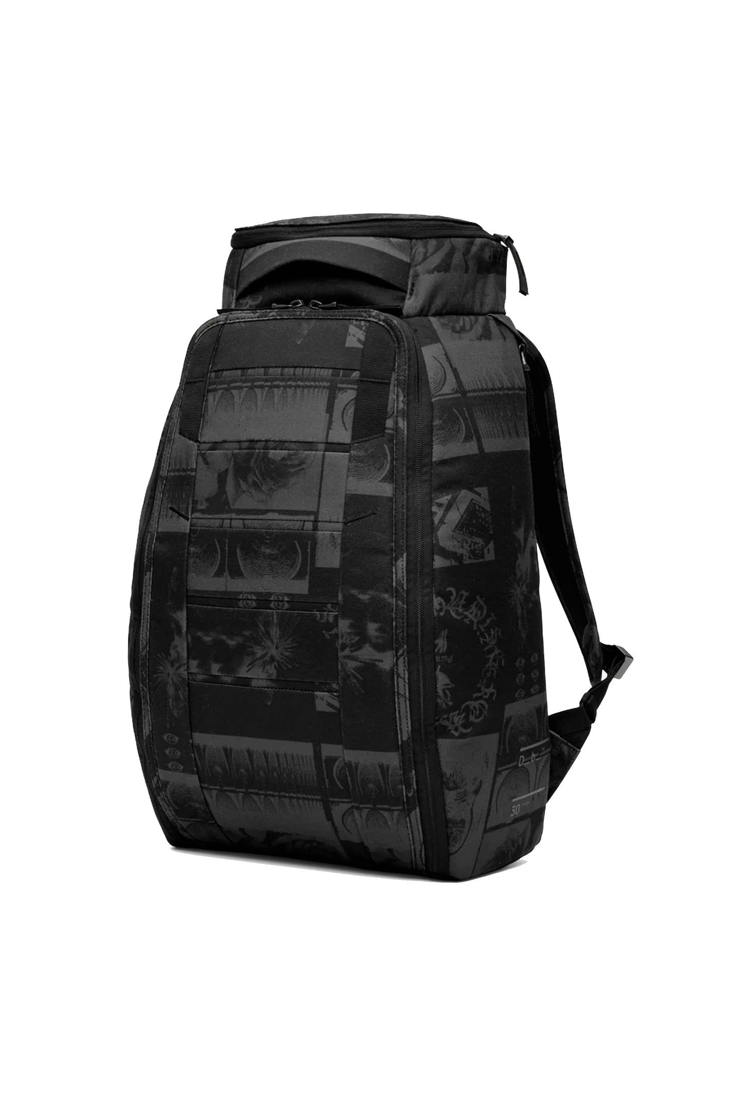 30L travel backpack with ribbed protective structure and minimalist black design
