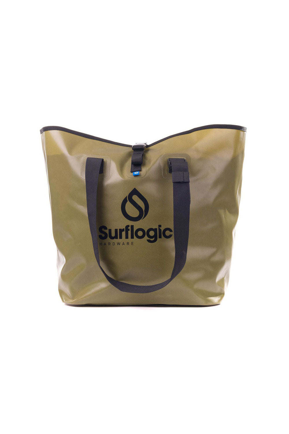 Green tote bag with Surflogic logo on a white background