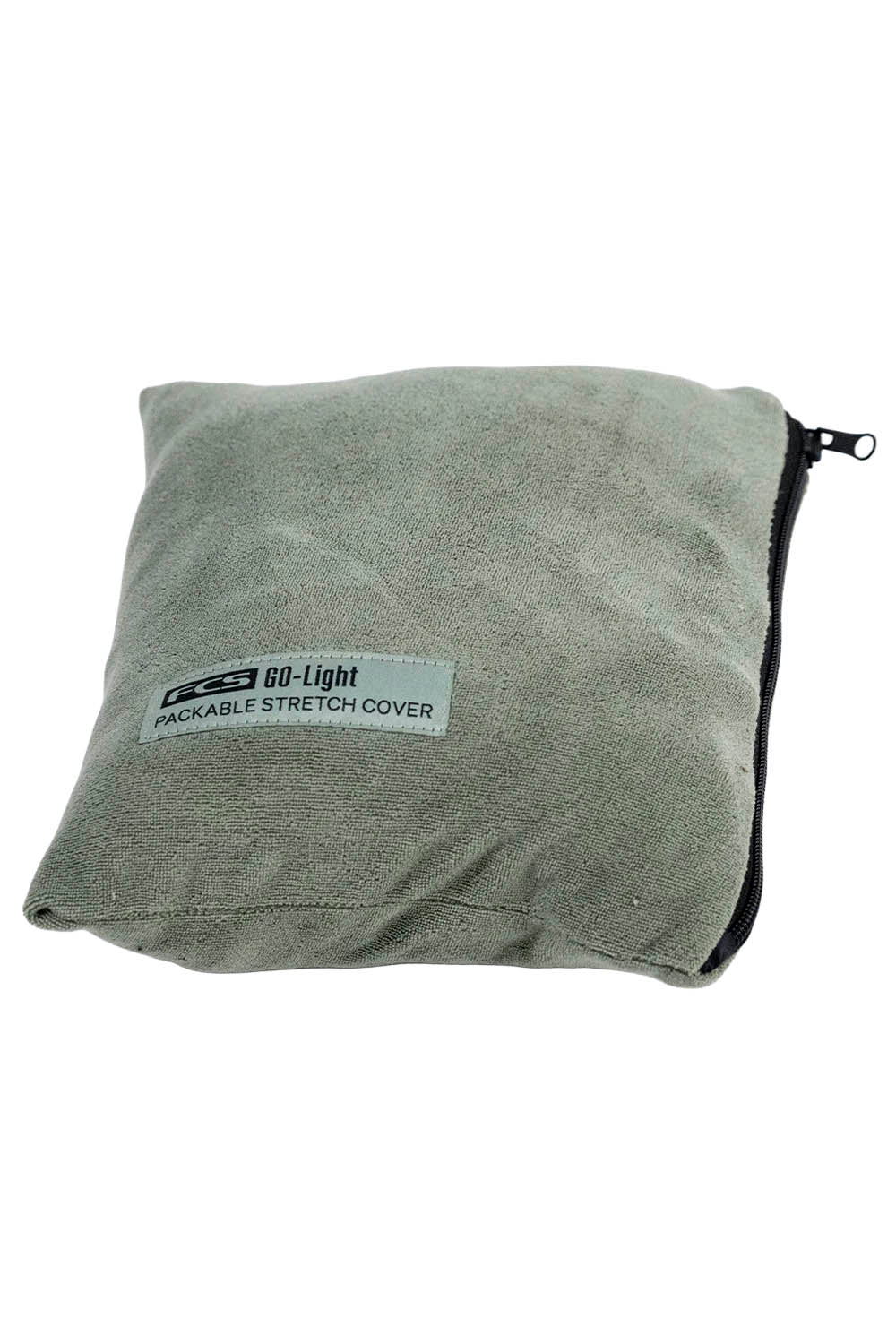 Gray zip-up cover with a brand logo on a white background