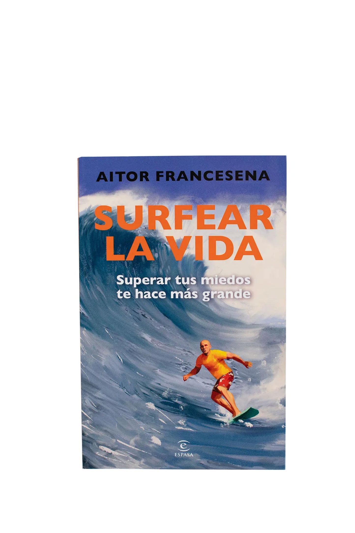 Book cover with Aitor Francesena surfing and text in Spanish on a white background