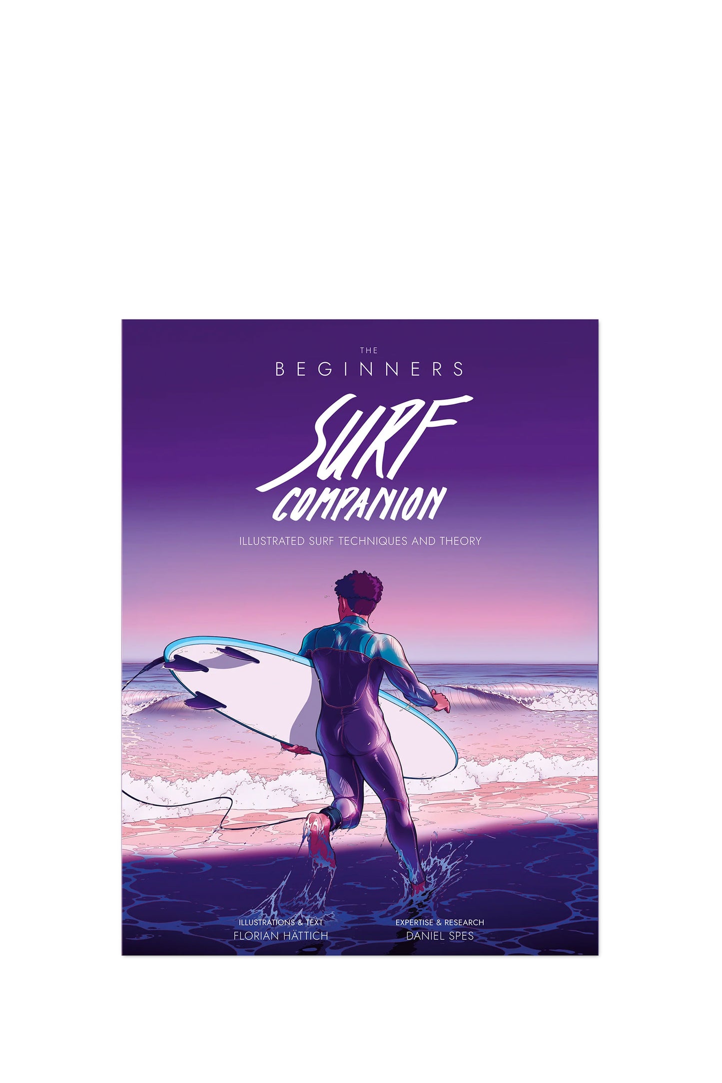 Cover of The Beginners Surf Companion 2nd Edition featuring illustrated surfer walking into the ocean at sunrise