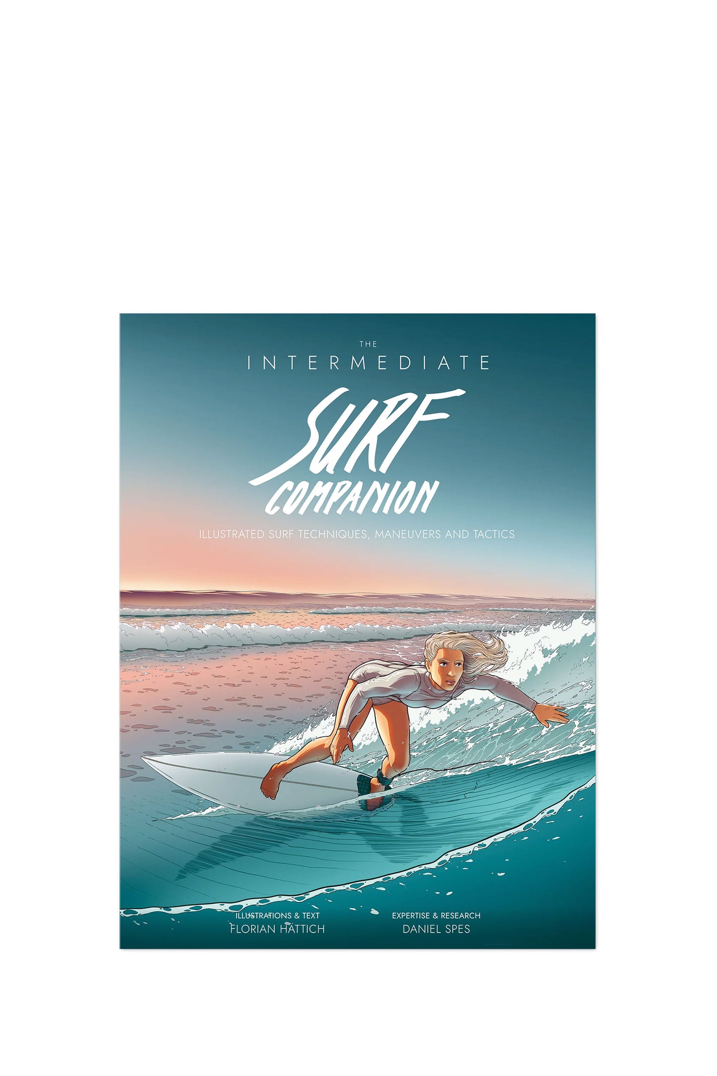 Cover artwork of The Intermediate Surf Companion featuring a surfer carving on a turquoise wave at sunrise