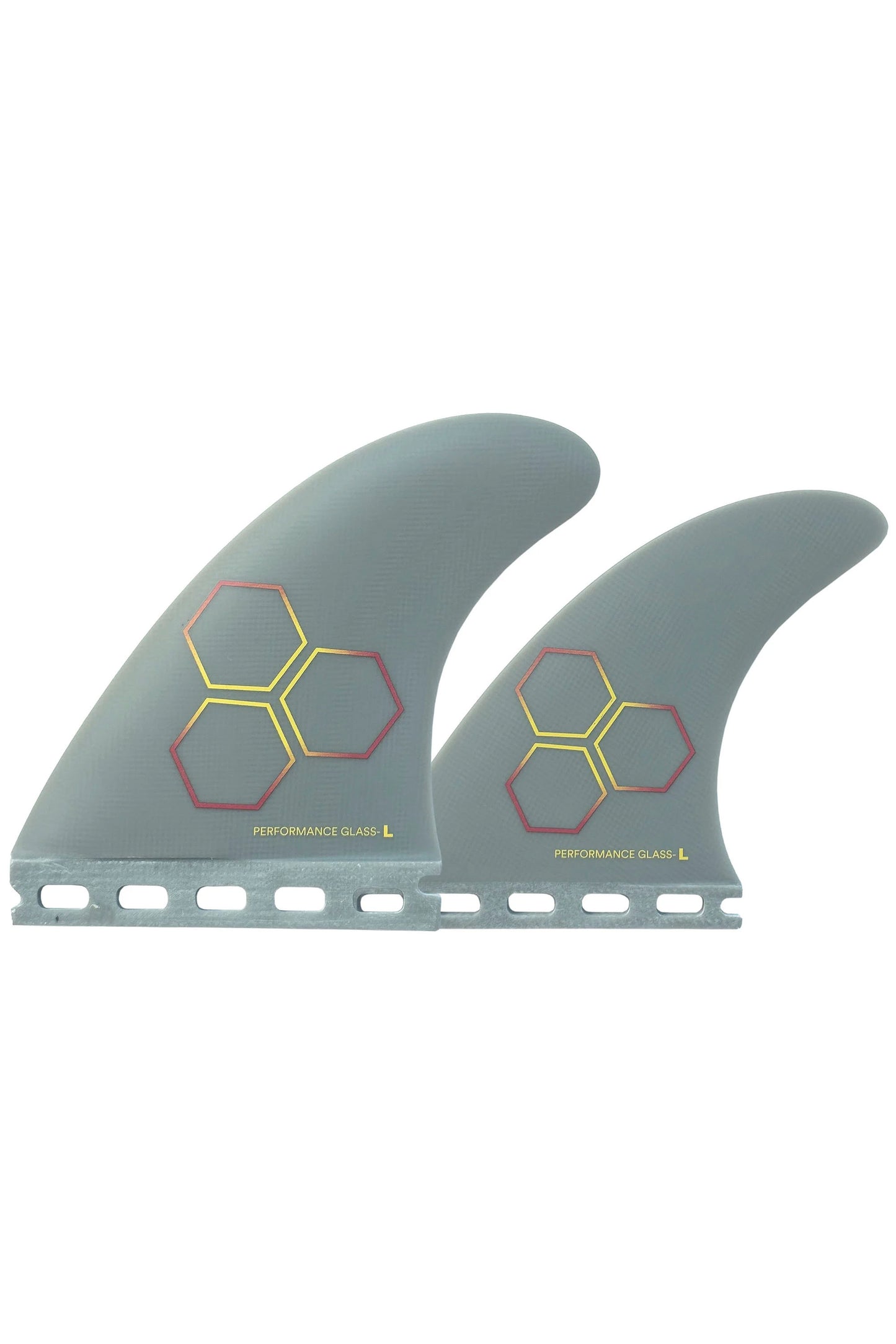 Two gray surfboard fins with honeycomb pattern on a white background