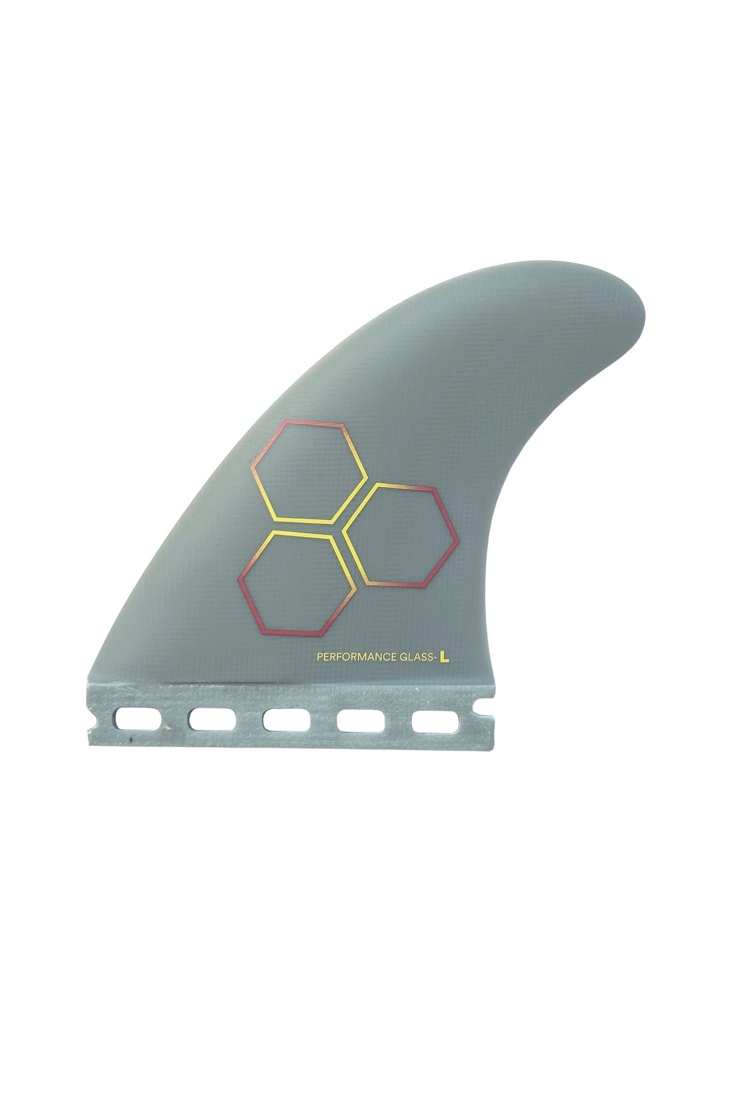 Gray surfboard fin with honeycomb design on a white background