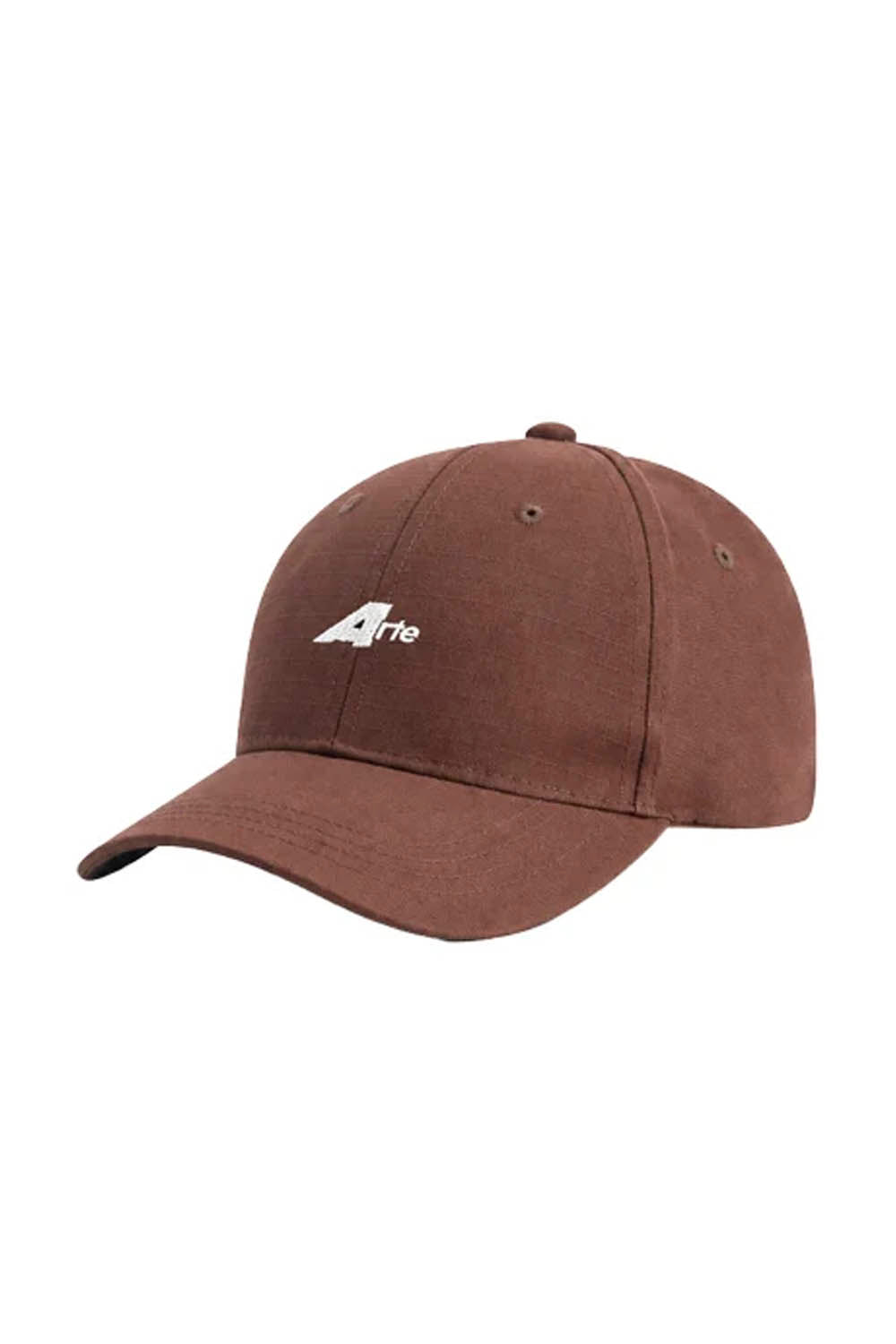 A brown baseball cap with a small white embroidered logo on the front, shown against a plain white background.