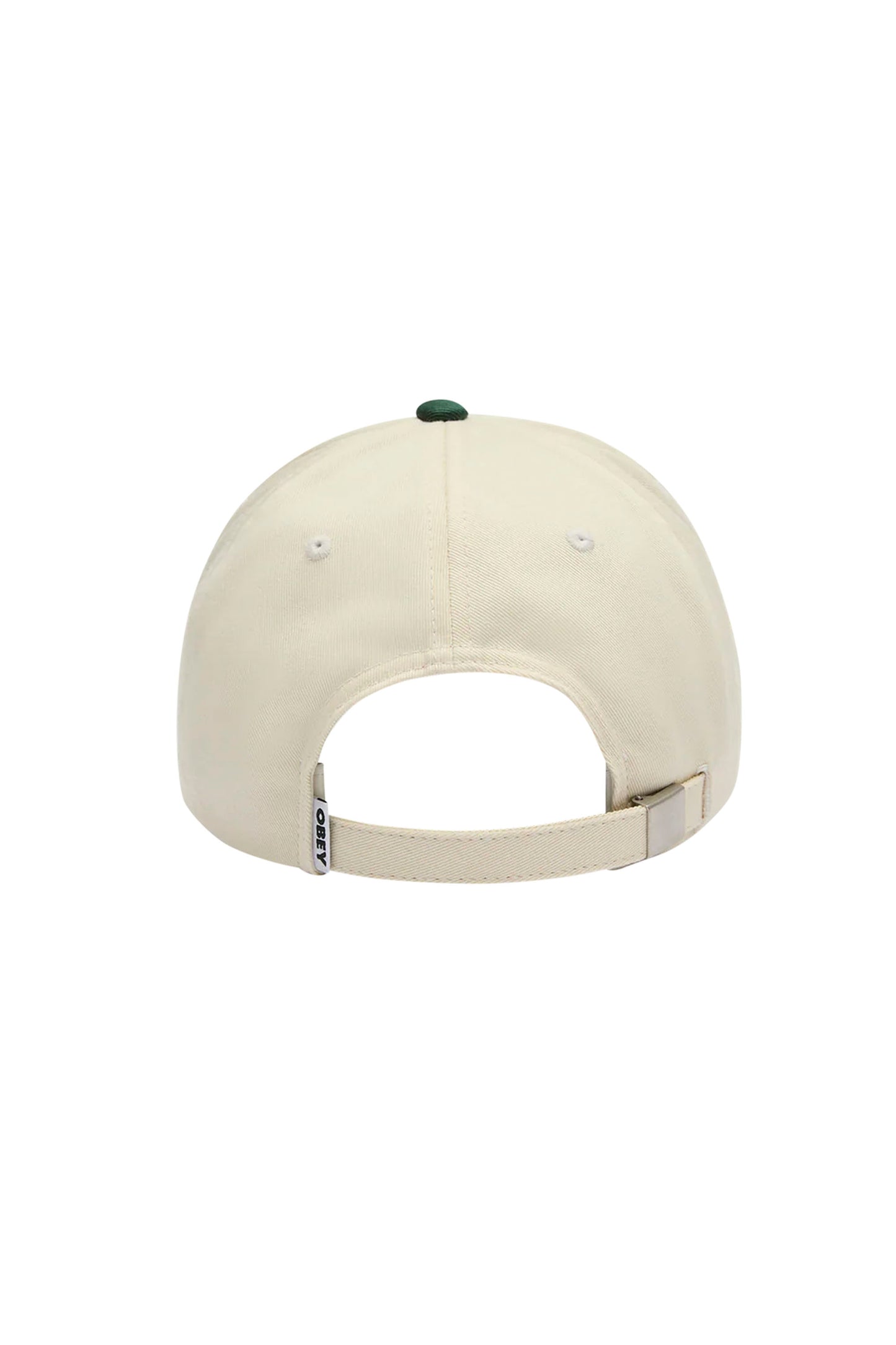 Beige cap with a brand logo on the back against a white background