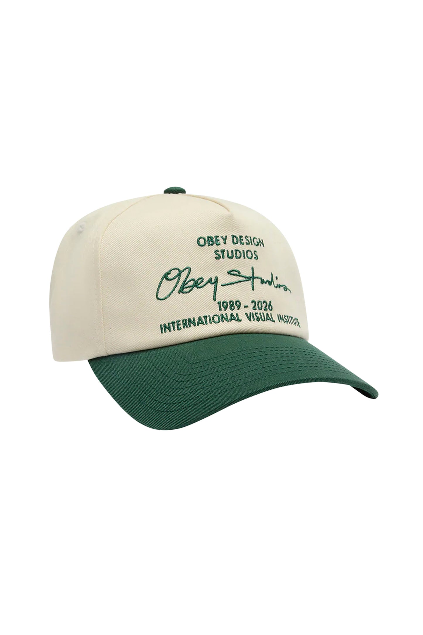 Two-toned cap with 'Obey' branding on a white background