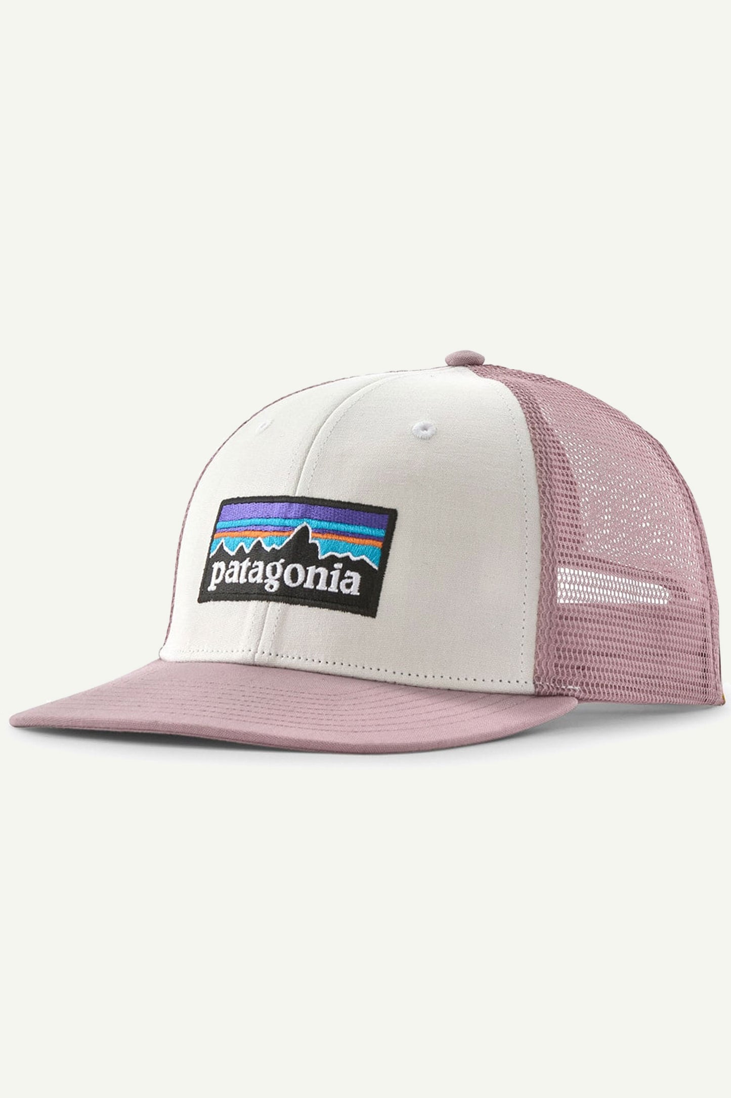 Patagonia P-6 Logo Trucker Hat White Quiet Violet - Classic mesh back snapback cap