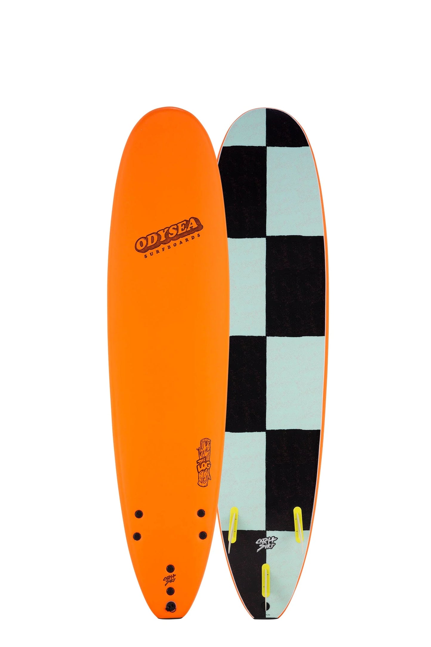 Orange and multicolored Catch Surf Softboard Log size 7'6" on a white background