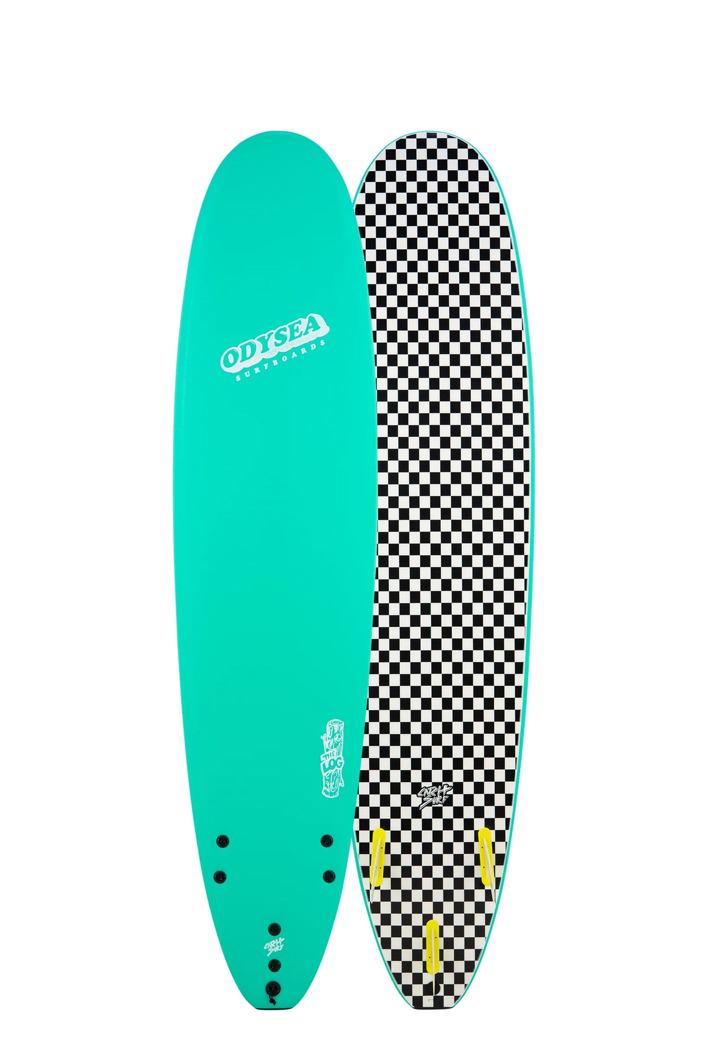 Turquoise and checkered Catch Surf Softboard size 8'0" on a white background