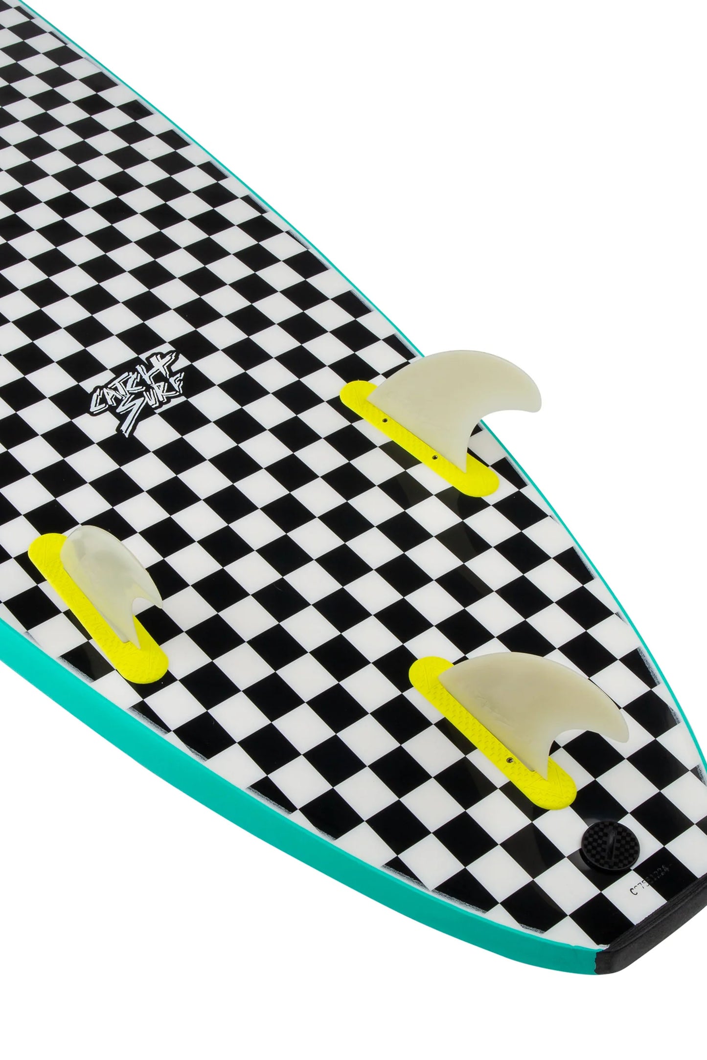 Turquoise and checkered Catch Surf Softboard size 8'0" on a white background - 2
