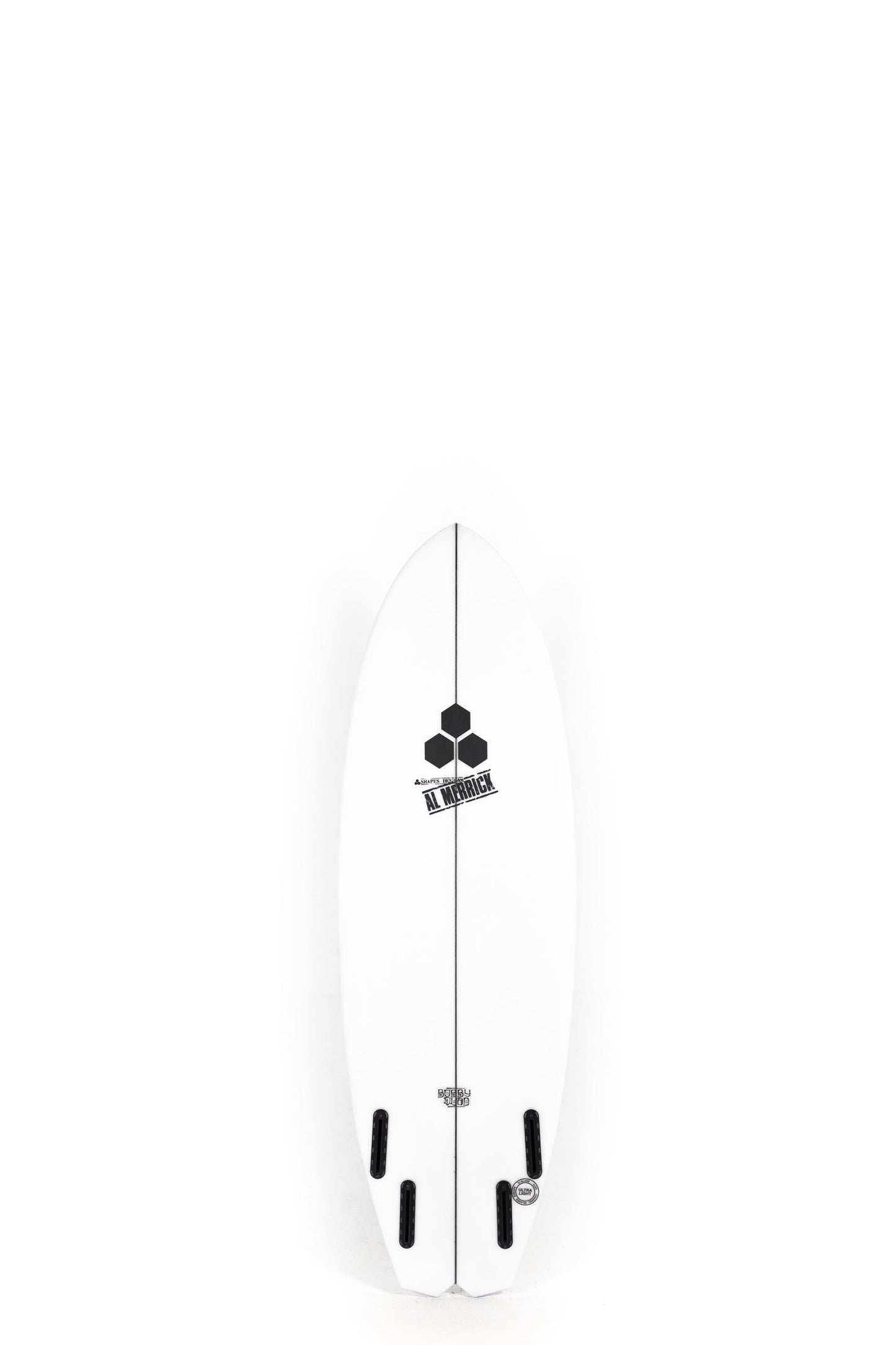 White Channel Islands Surfboard Bobby Quad size 5'5" on a white background by Pukas Surf Shop - 2