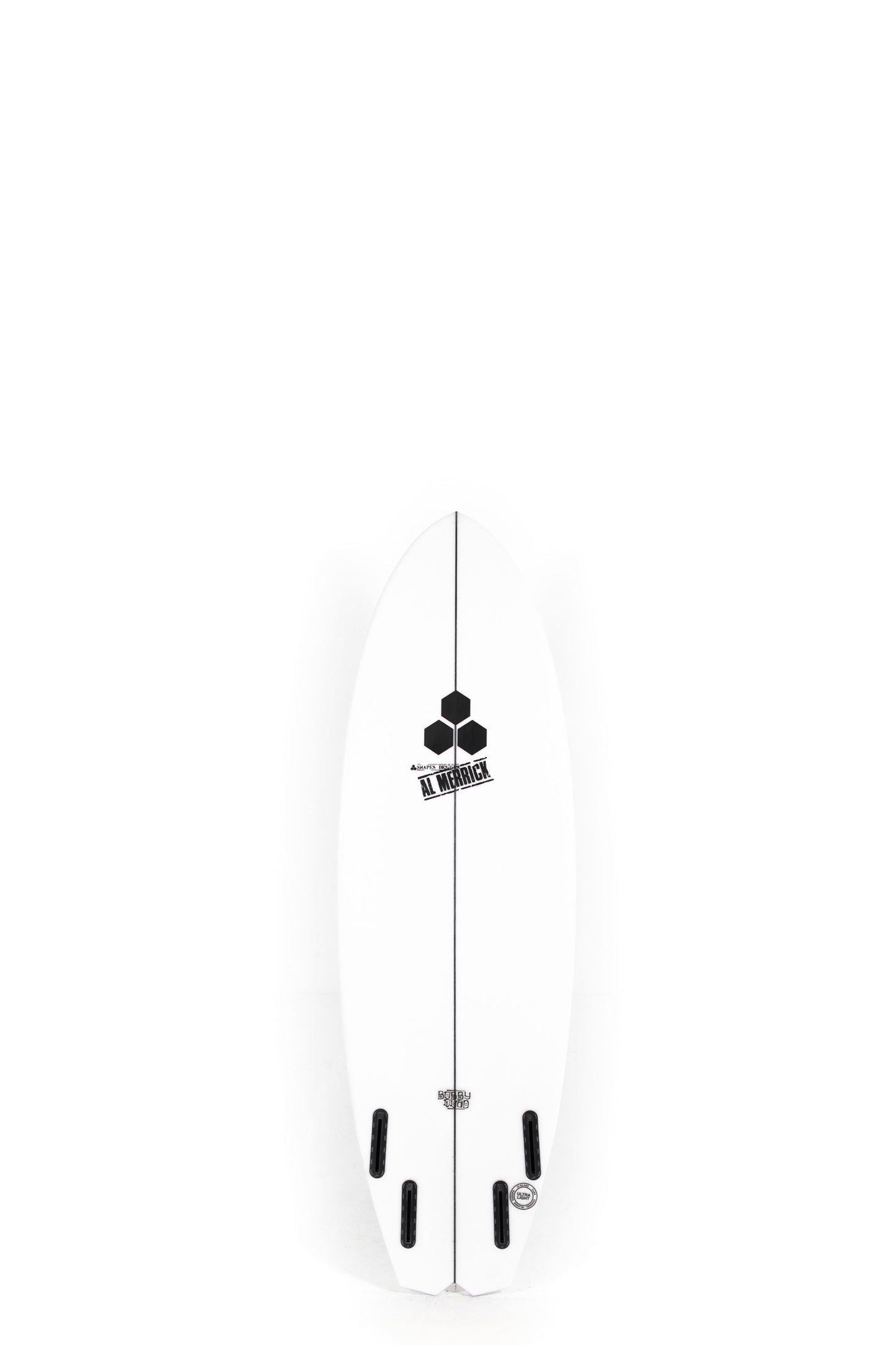 White Channel Islands Surfboard Bobby Quad size 5'6" on a white background by Pukas Surf Shop - 2