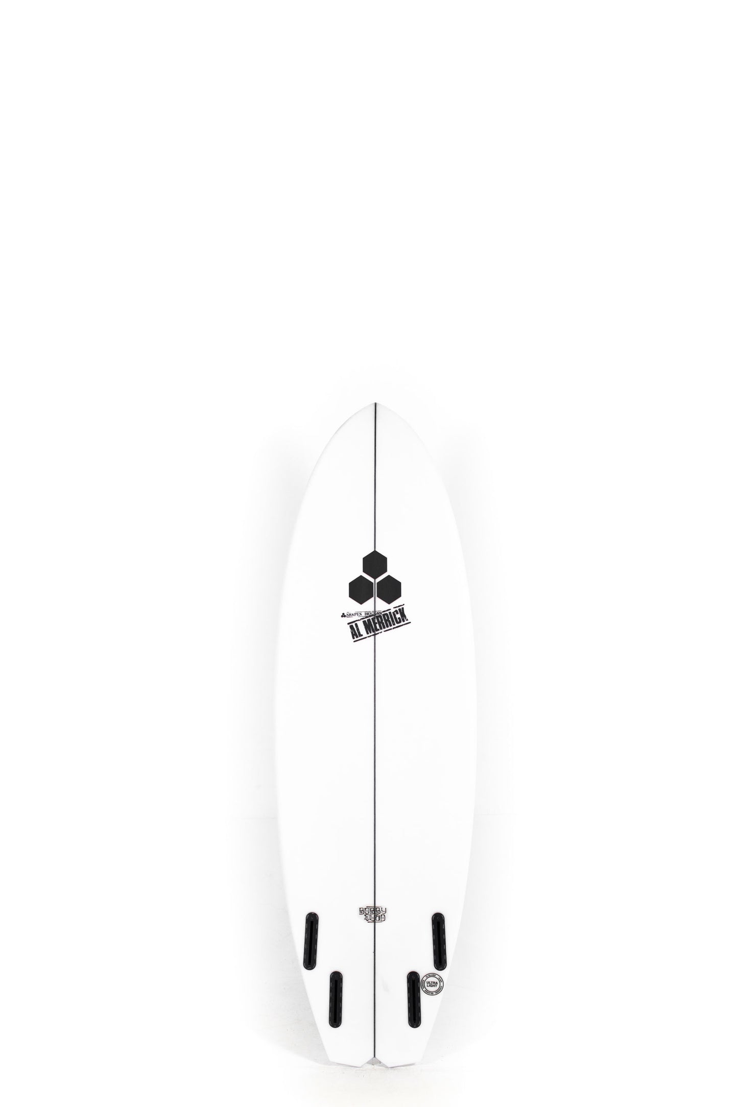 White Channel Islands Surfboard Bobby Quad size 5'7" on a white background by Pukas Surf Shop - 2