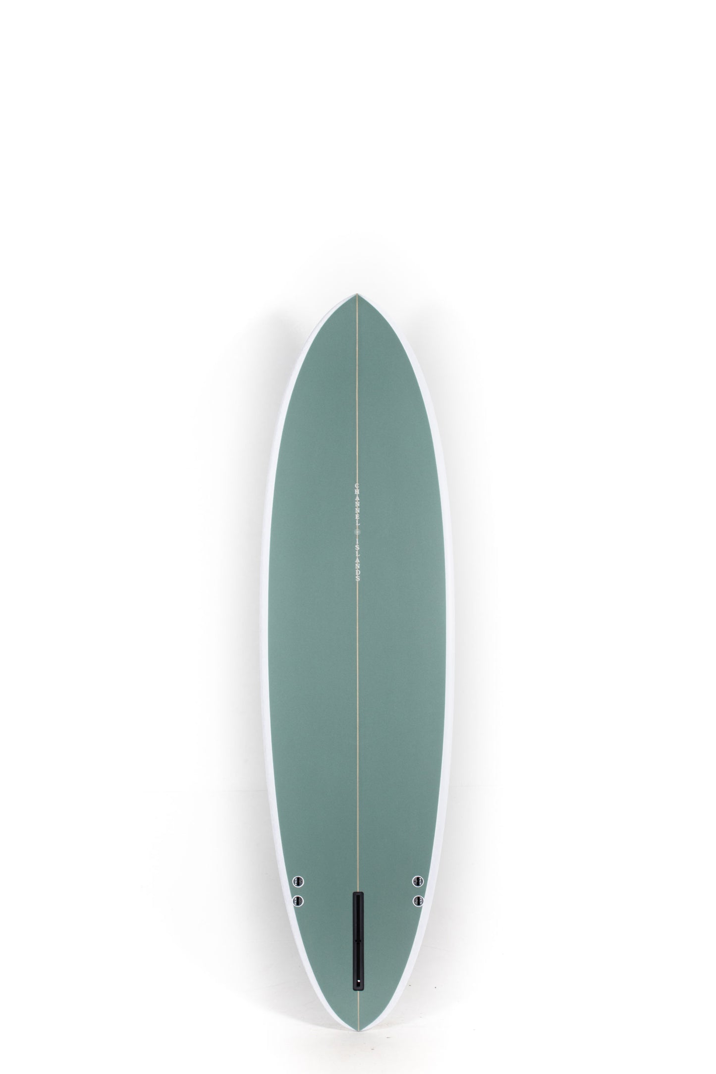 Green Channel Islands CI MID Surfboard with white rails at Pukas Surf Shop