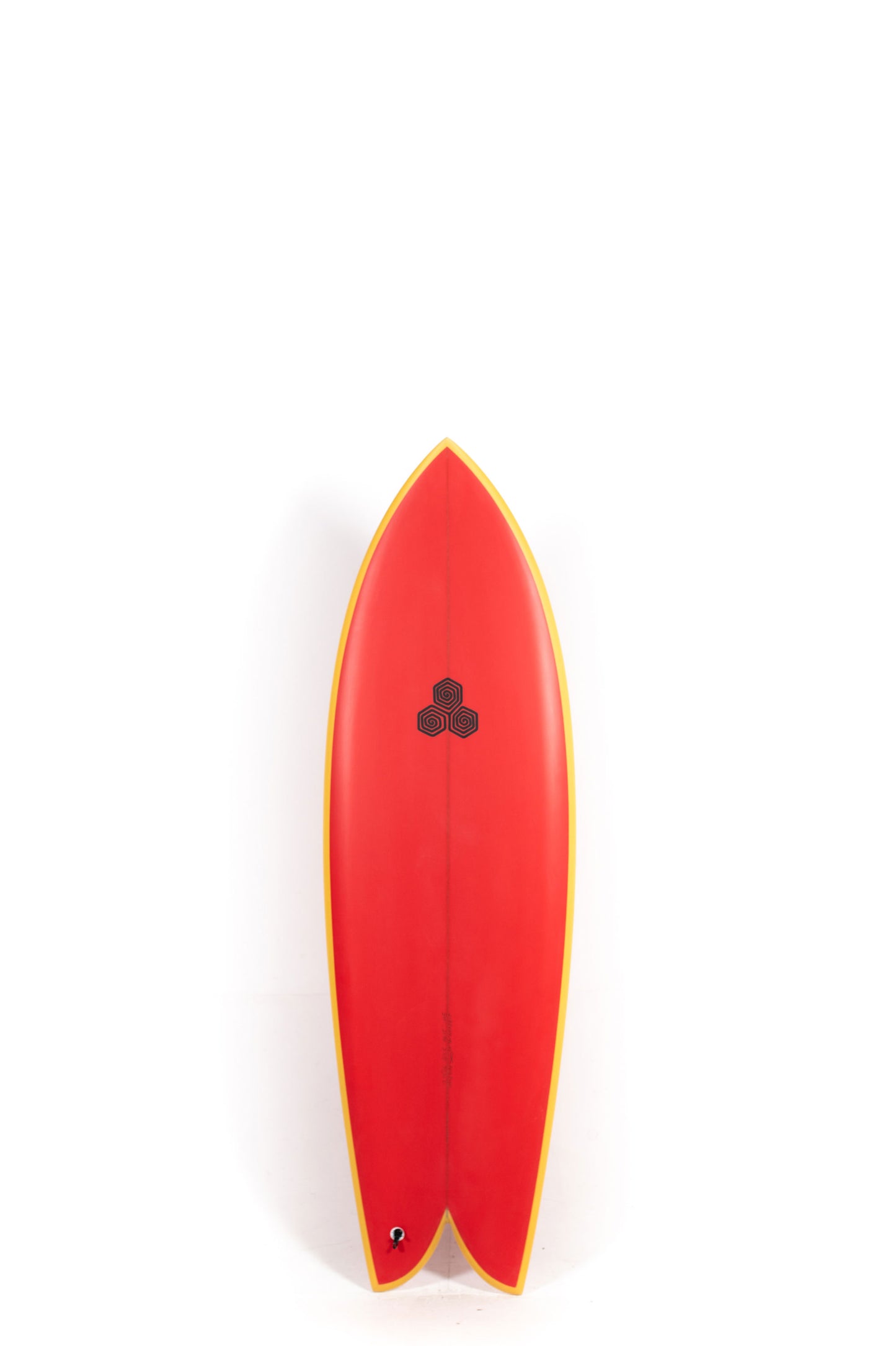 Red and yellow channel islands Feb's Fish size 5'11" at Pukas Surf Shop