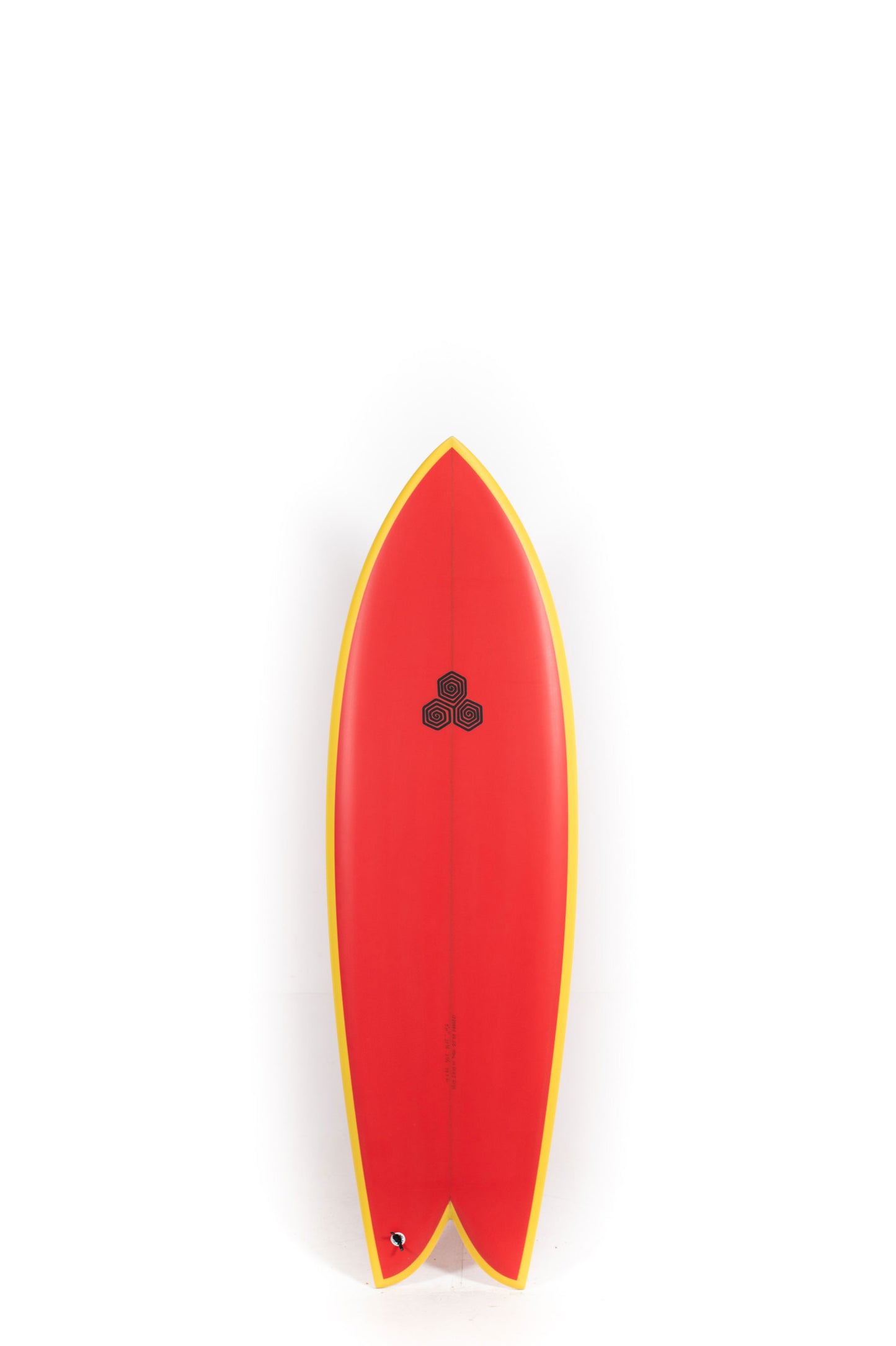 Red and yellow channel islands feb's fish surfboard size 5'11" on a white background by Pukas Surf Shop