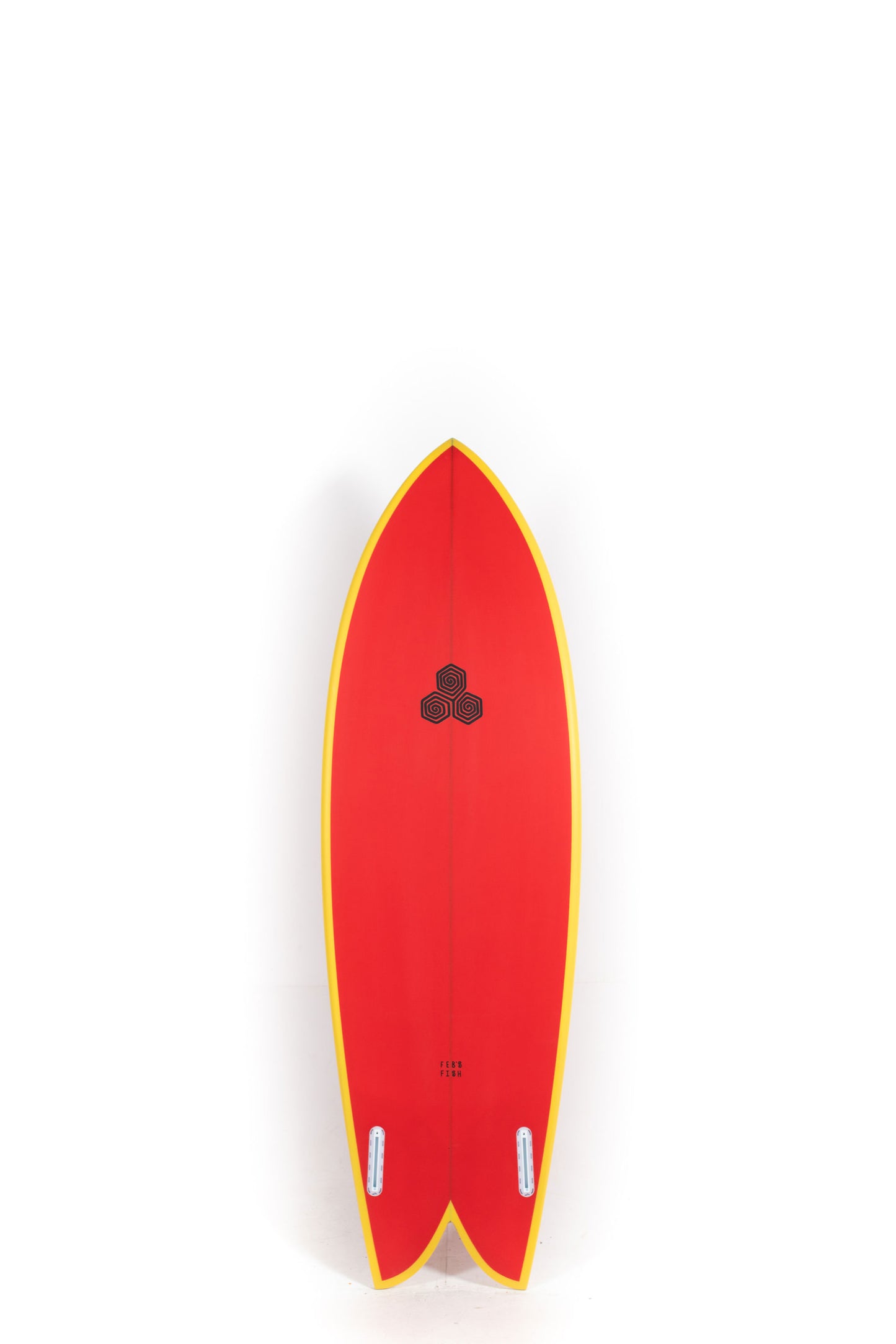 Red and yellow channel islands feb's fish surfboard size 5'11" on a white background by Pukas Surf Shop - 2