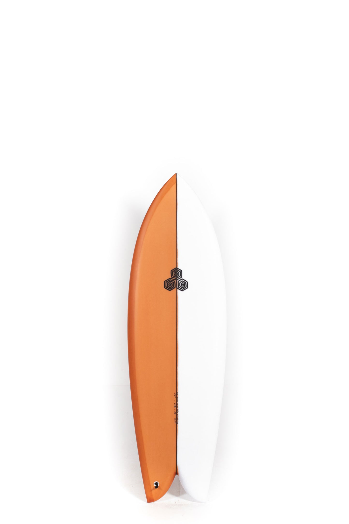 Orange and white Channel Islands Surfboard Feb's Fish size 5'9" on a white background by Pukas Surf Shop