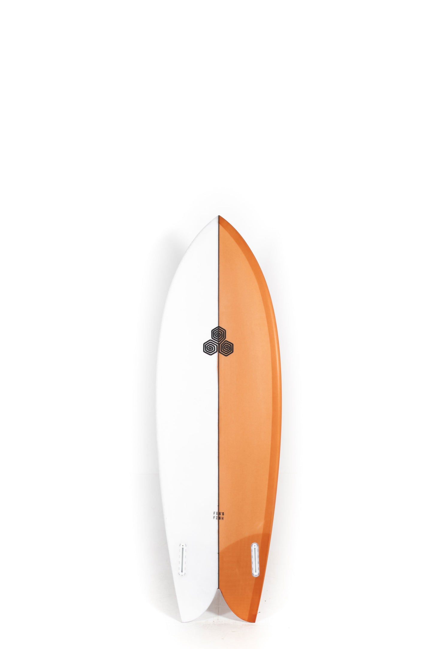 Orange and white Channel Islands Surfboard Feb's Fish size 5'9" on a white background by Pukas Surf Shop - 2
