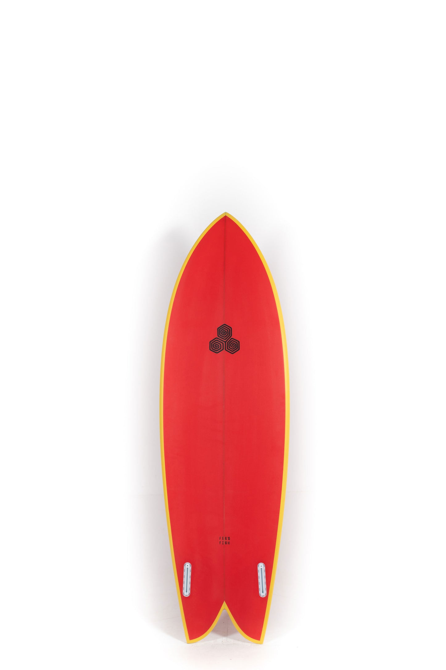 Red and yellow Channel Islands Surfboard size 6'11" Feb's Fish on a white background by Pukas Surf Shop - 2