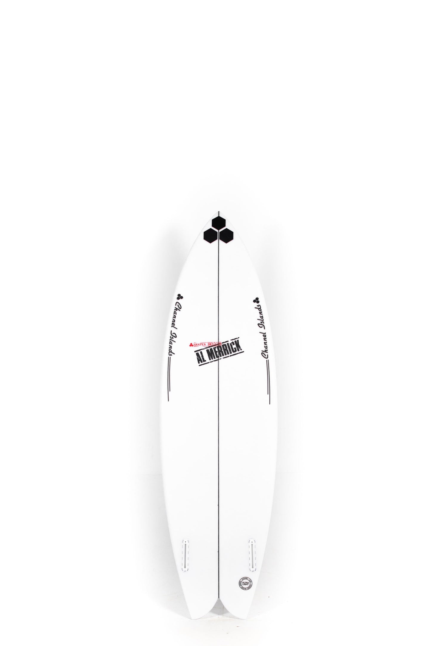 White Channel Islands Surfboard Fishbeard size 5'11" with black logos at Pukas Surf Shop - 2