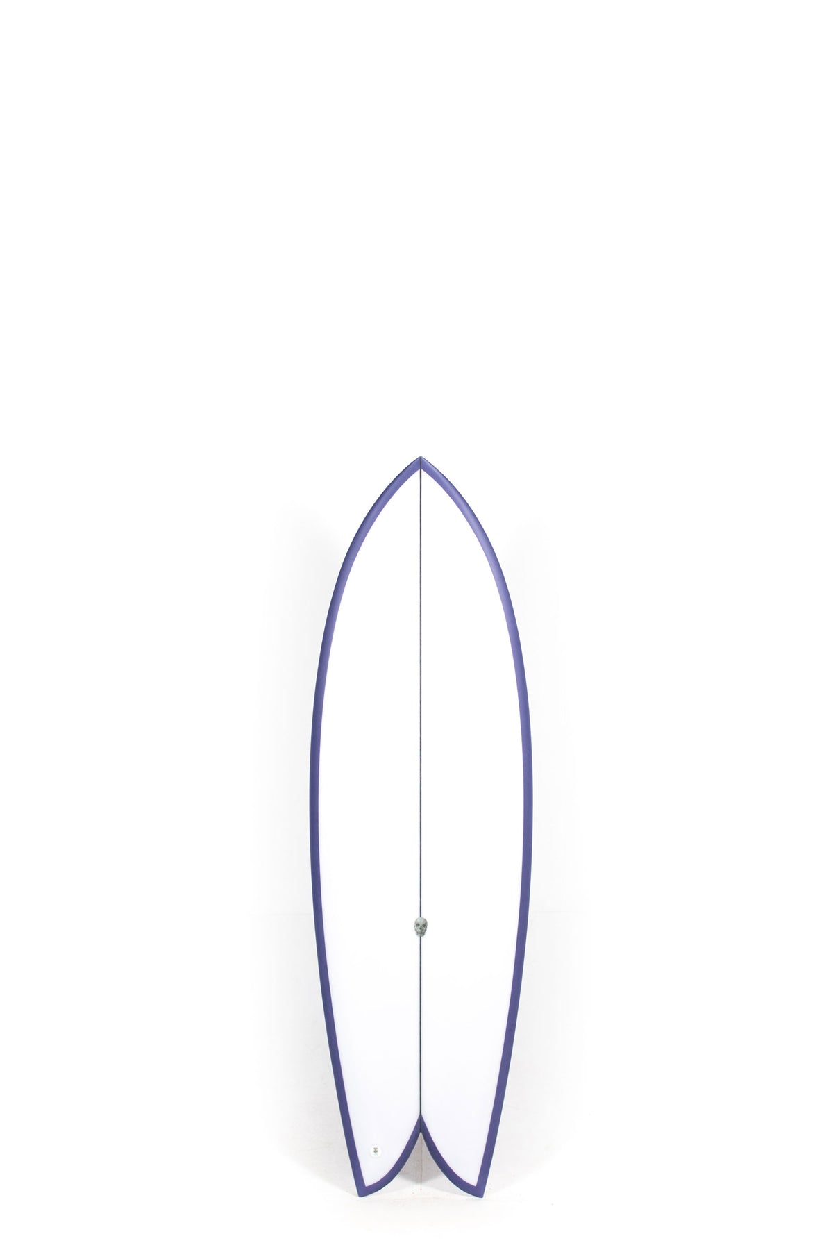 White and purple Christenson Surfboard size 5'7" on a white background by Pukas Surf Shop
