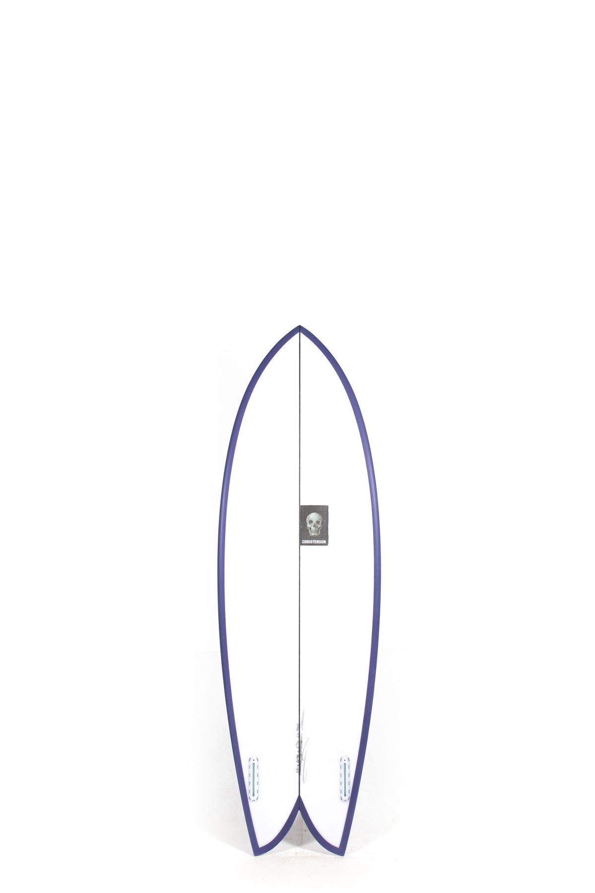 White and purple Christenson Surfboard size 5'7" on a white background by Pukas Surf Shop - 2