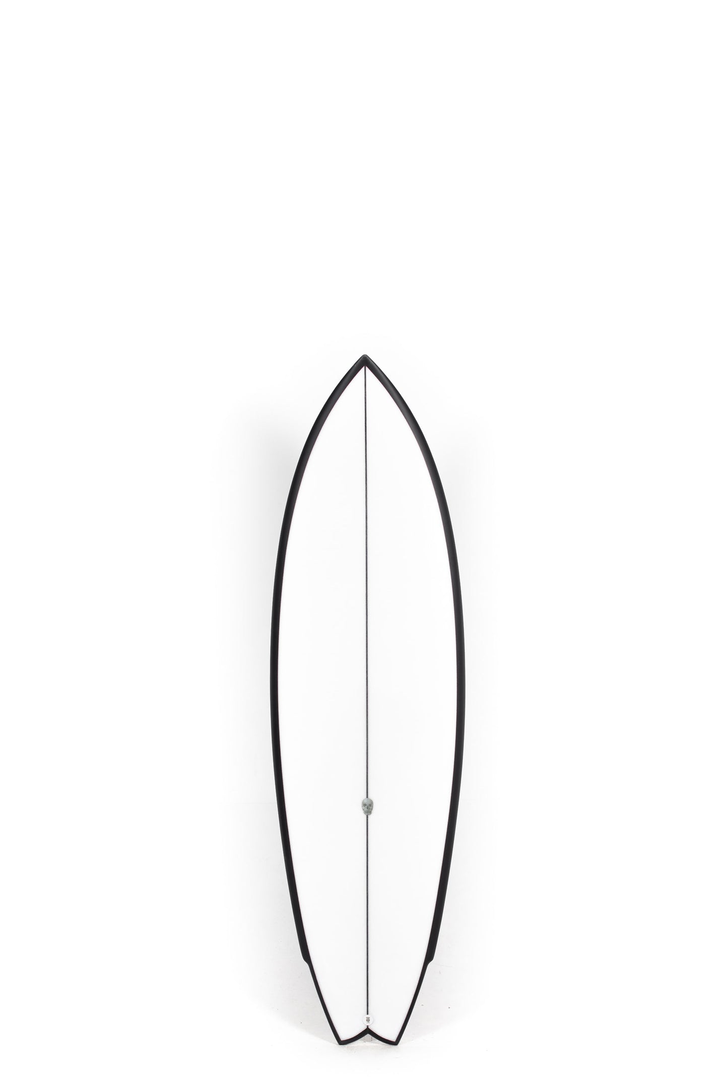 Black and white Christenson Surfboard Lane Splitter size 5'11" on a white background by Pukas Surf Shop