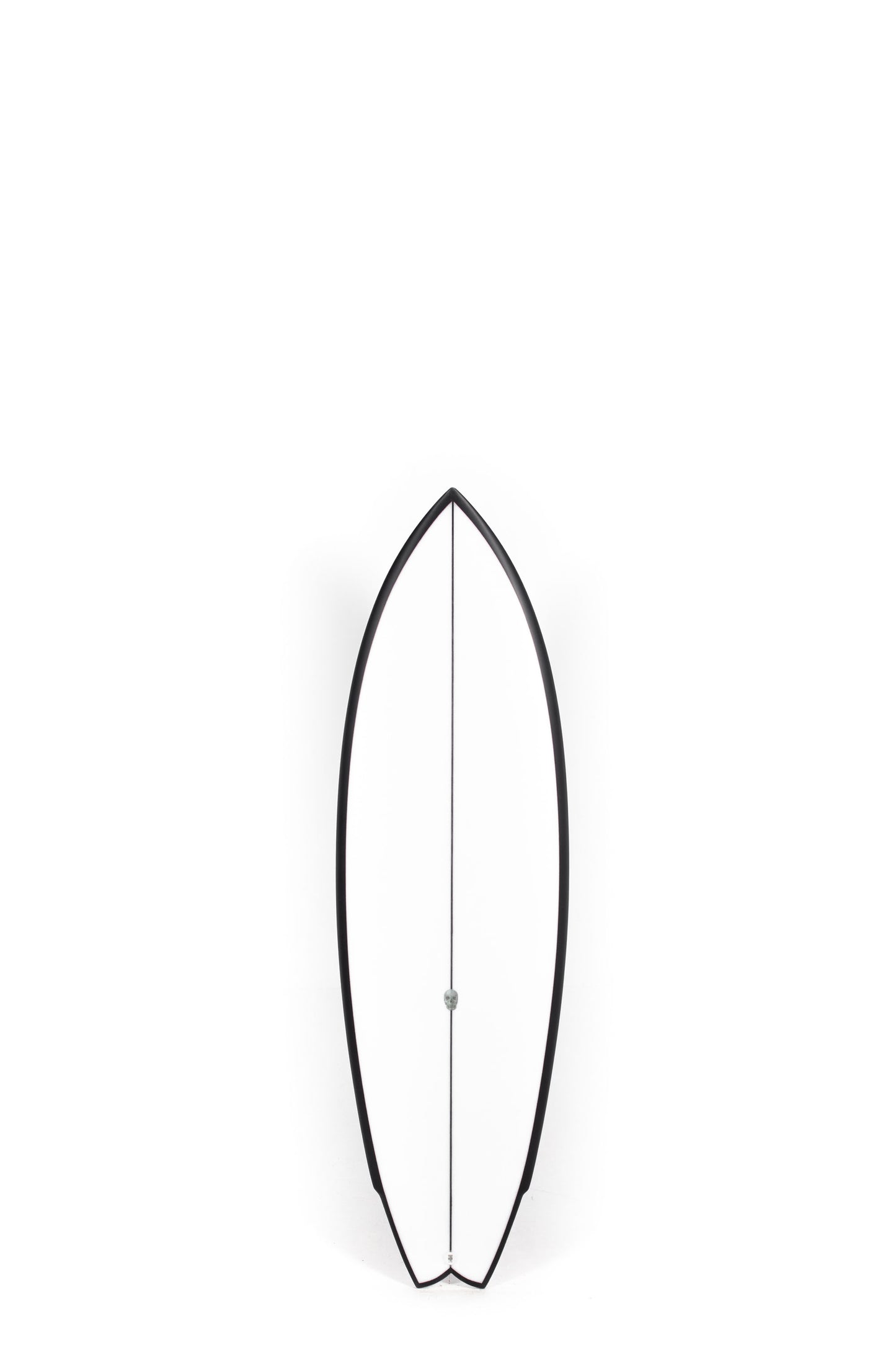 Black and white Christenson Surfboard Lane Splitter Swallow size 5'7" on a white background by Pukas Surf Shop