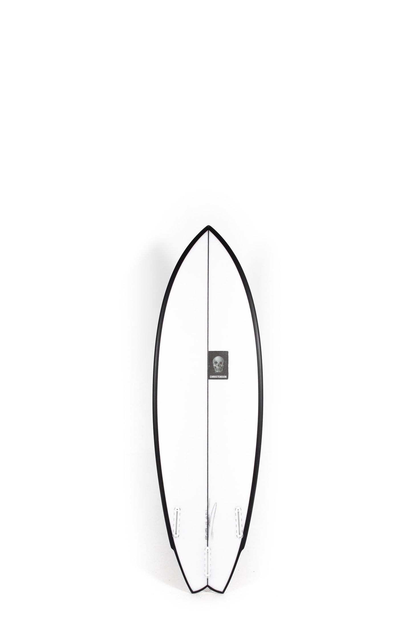 Black and white Christenson Surfboard Lane Splitter Swallow size 5'7" on a white background by Pukas Surf Shop - 2