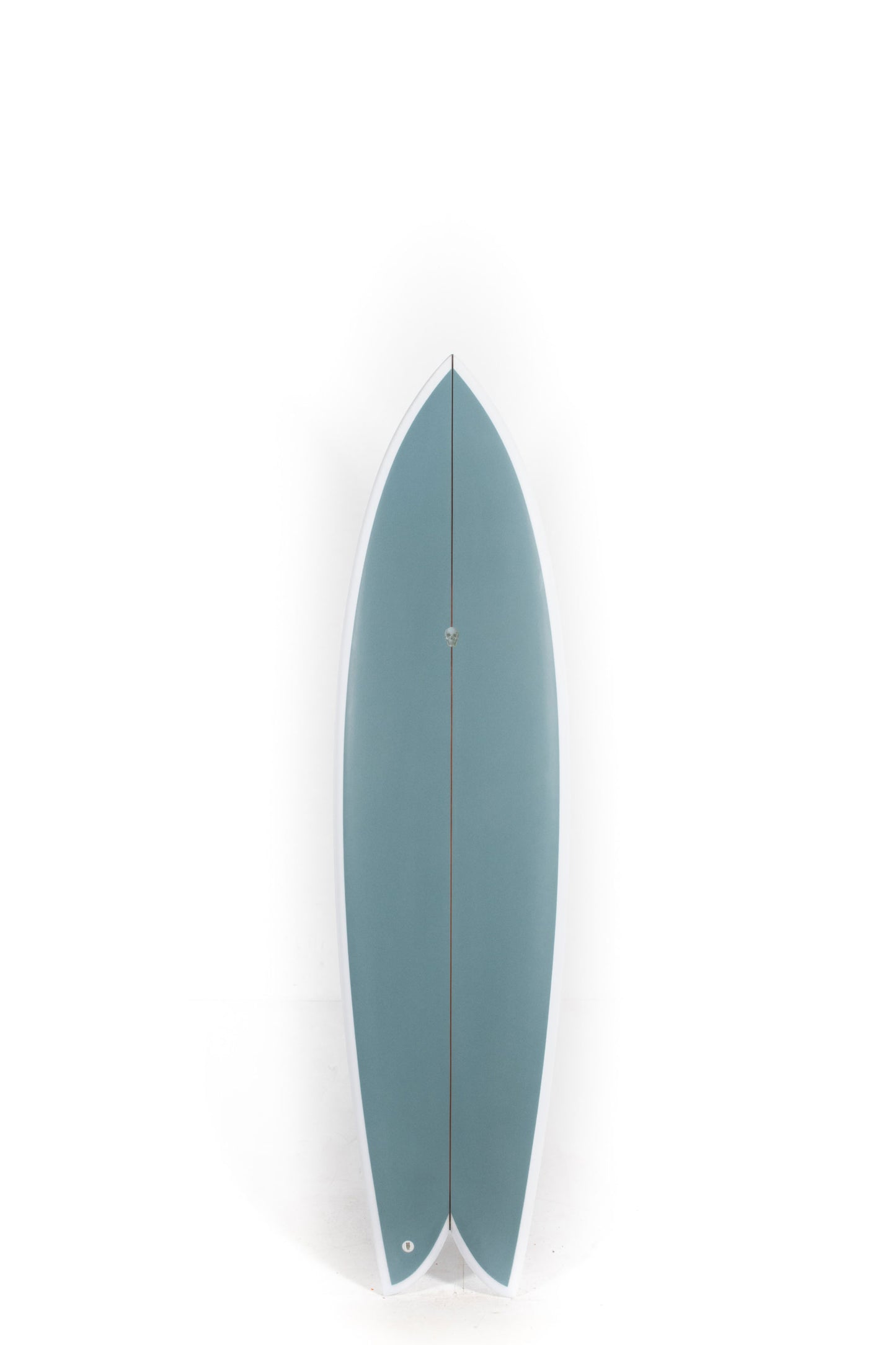 Blue Christenson surfboard on a white background