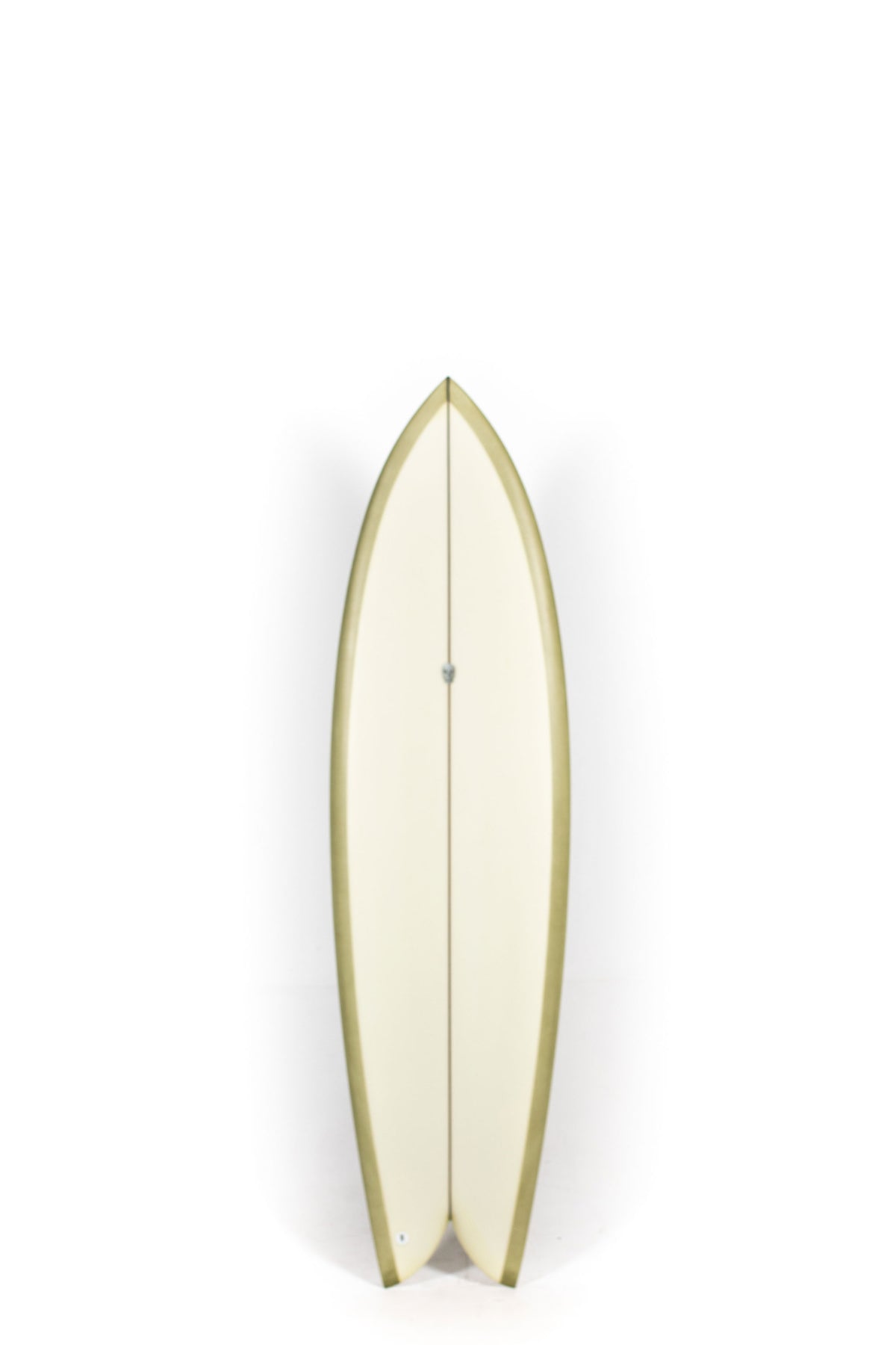 Green and beige Christenson Long Phish size 6'6" on a white background by Pukas Surf Shop