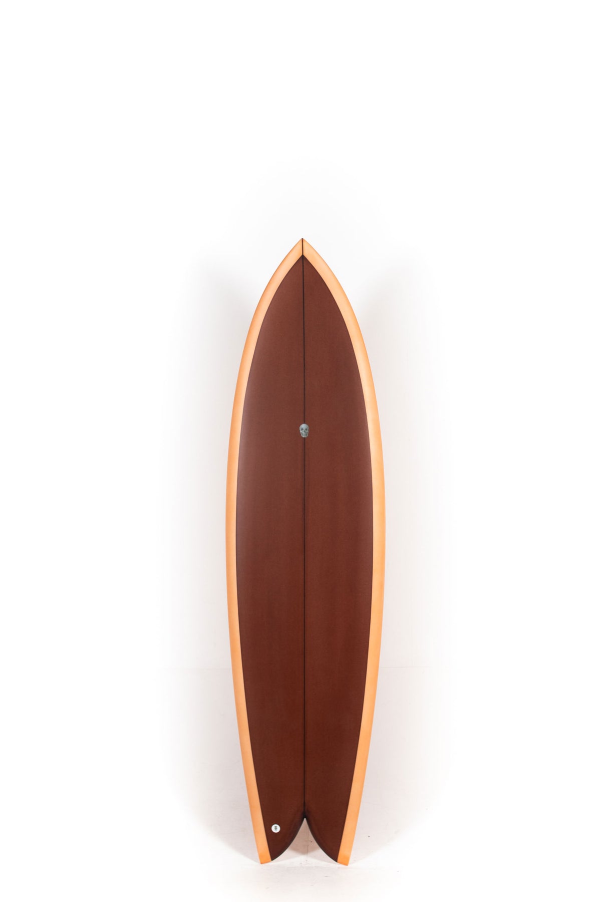 Brown and orange Christenson Surfboard Long Phish size 6'10" on a white background by Pukas surf shop