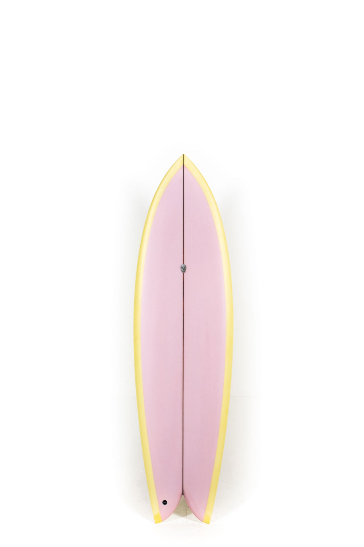 Yellow and pink Long Phish 2.0 size 6'4" on a white background by Pukas Surf Shop