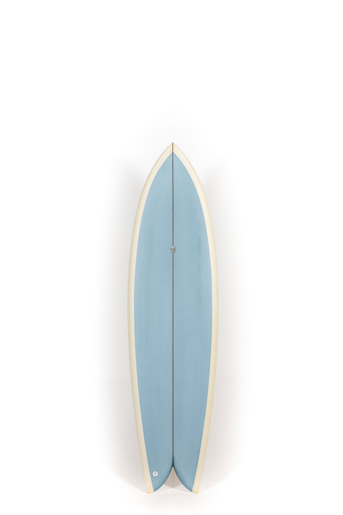 blue and beige Christenson Surfboard size 6'8" on a white background by Pukas Surf Shop