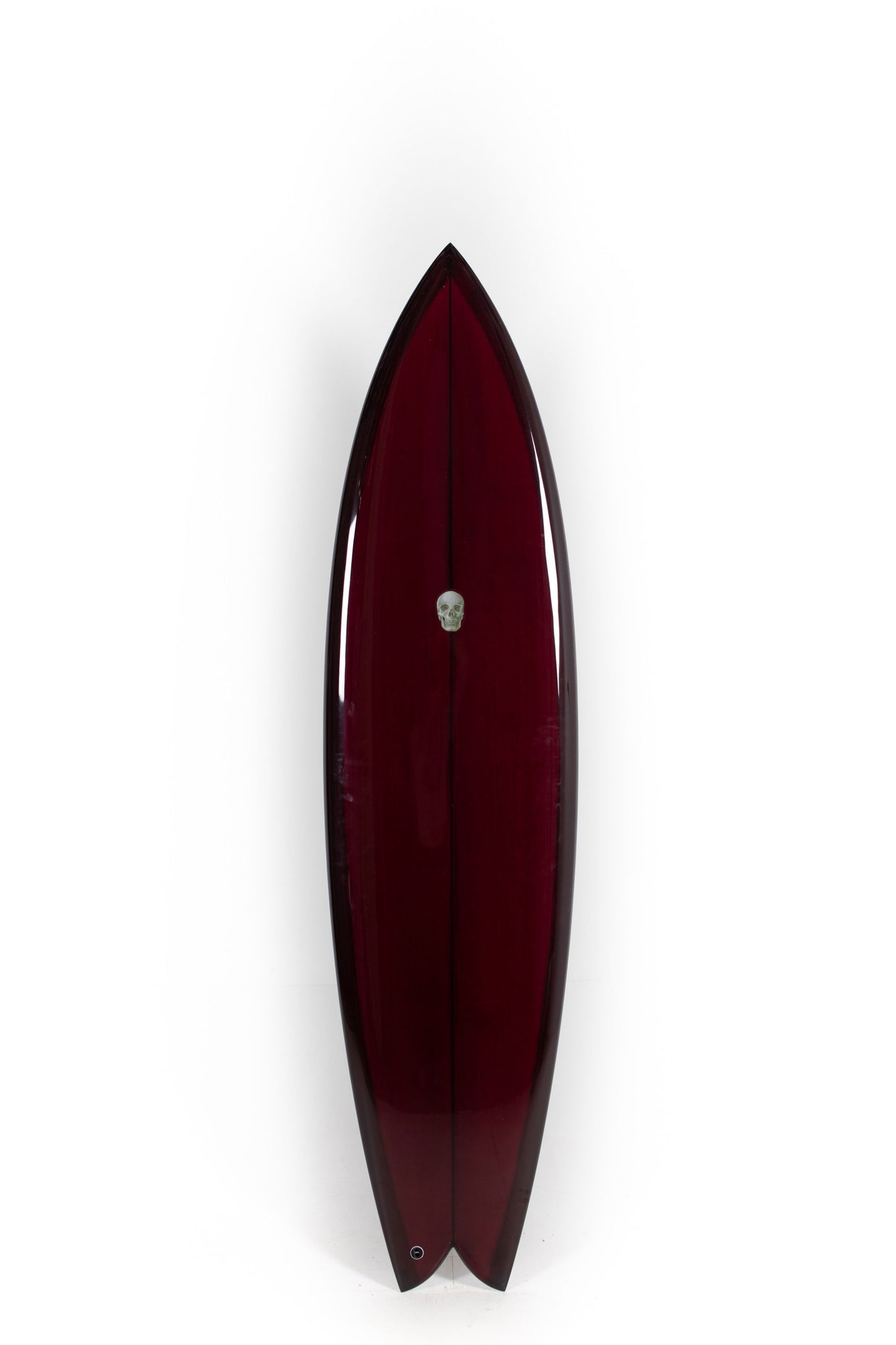 Red Christenson Nautilus surfboard on a white background